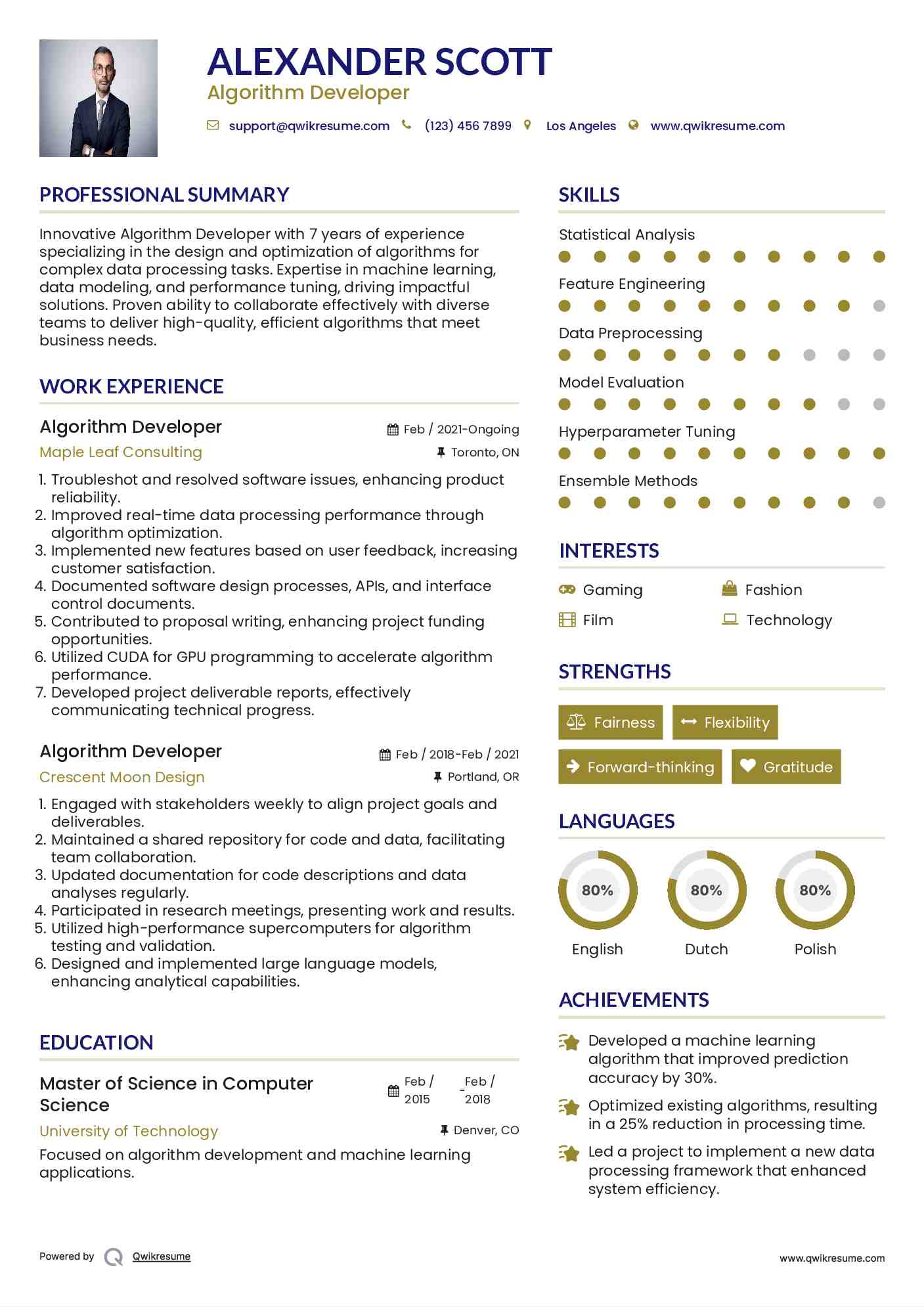 Algorithm Developer Resume Sample