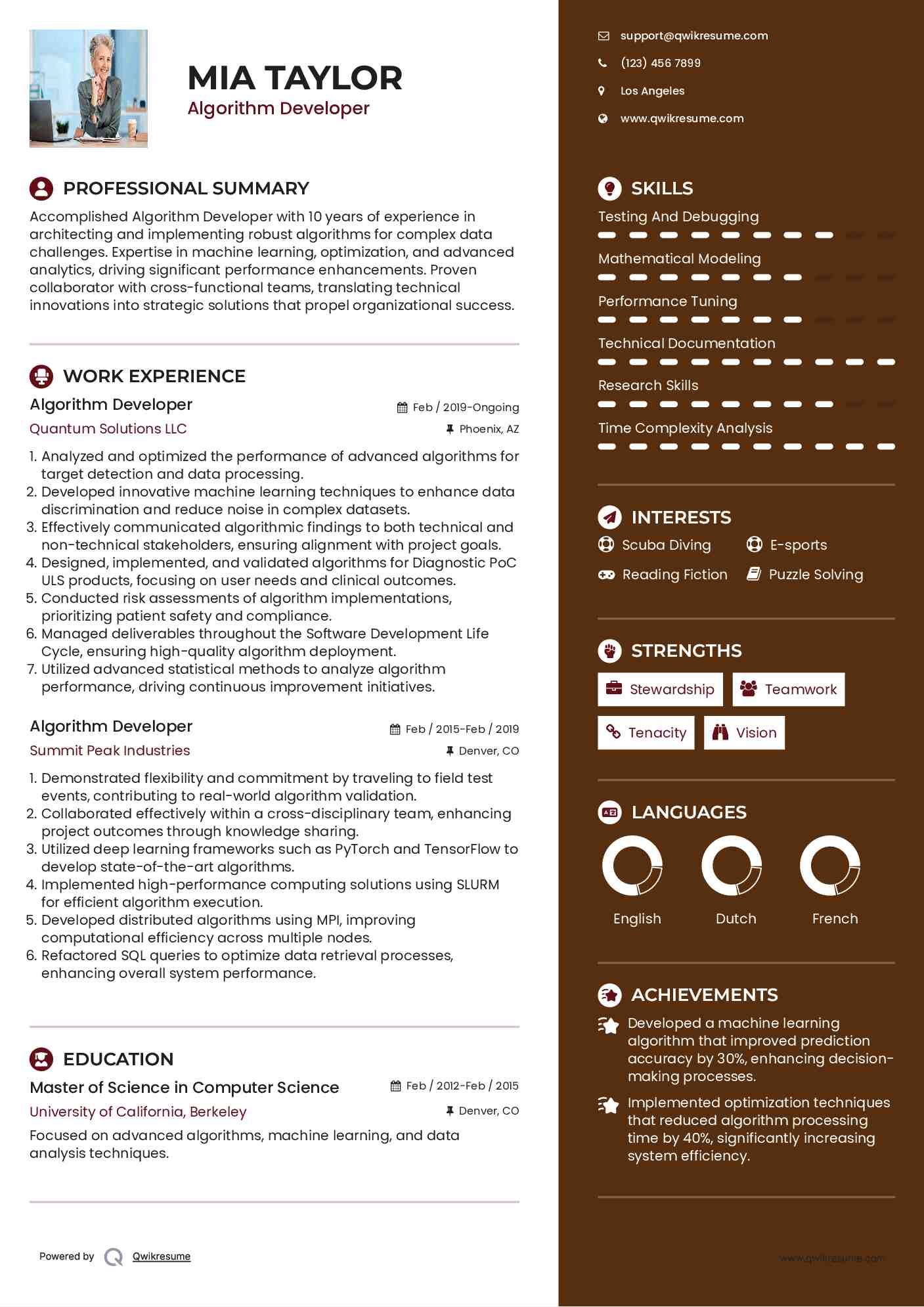 Algorithm Developer Resume Example