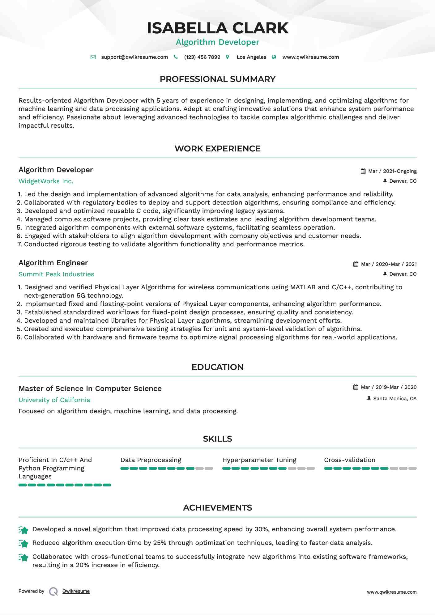Algorithm Developer Resume Format