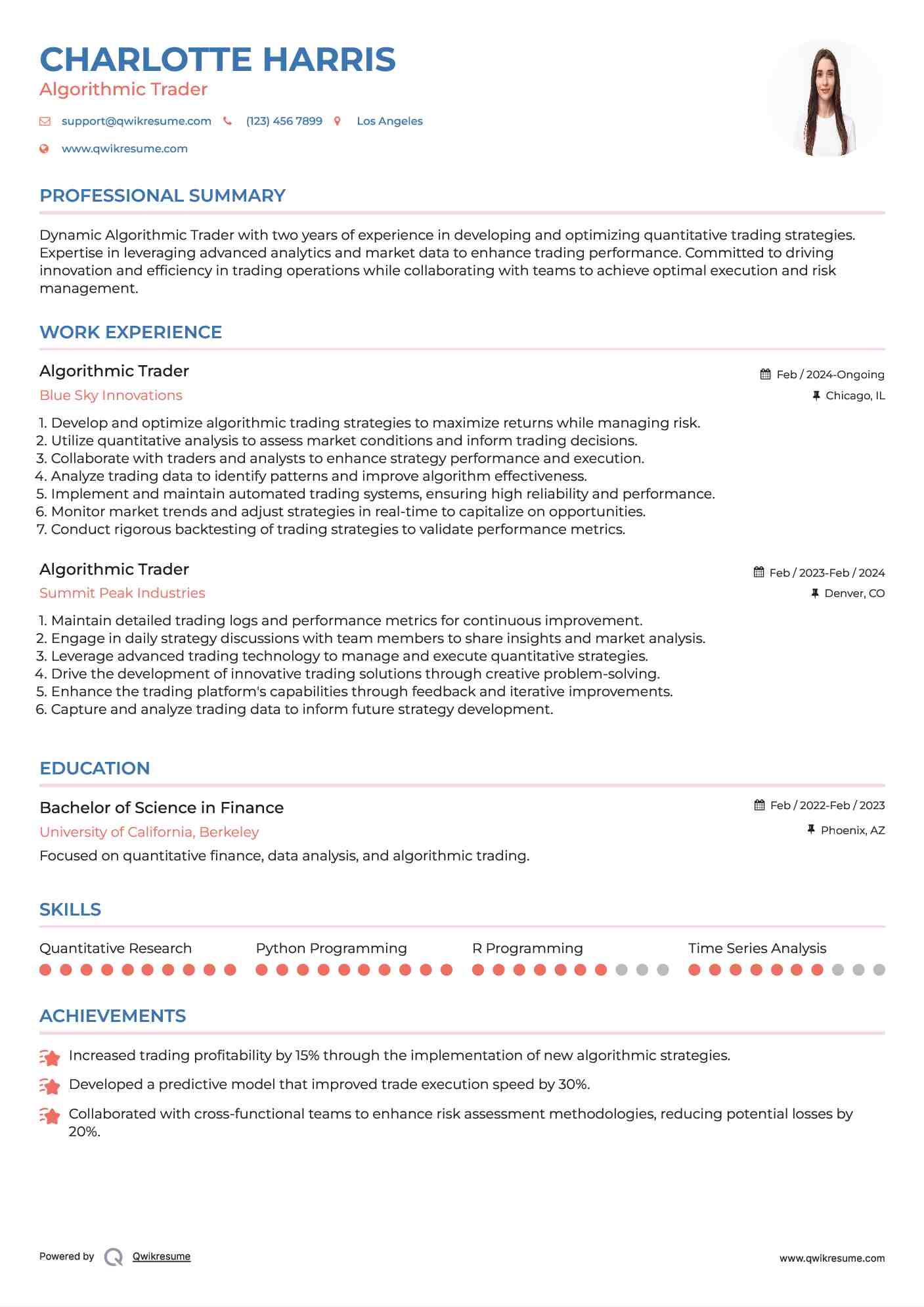 Algorithmic Trader Resume Sample