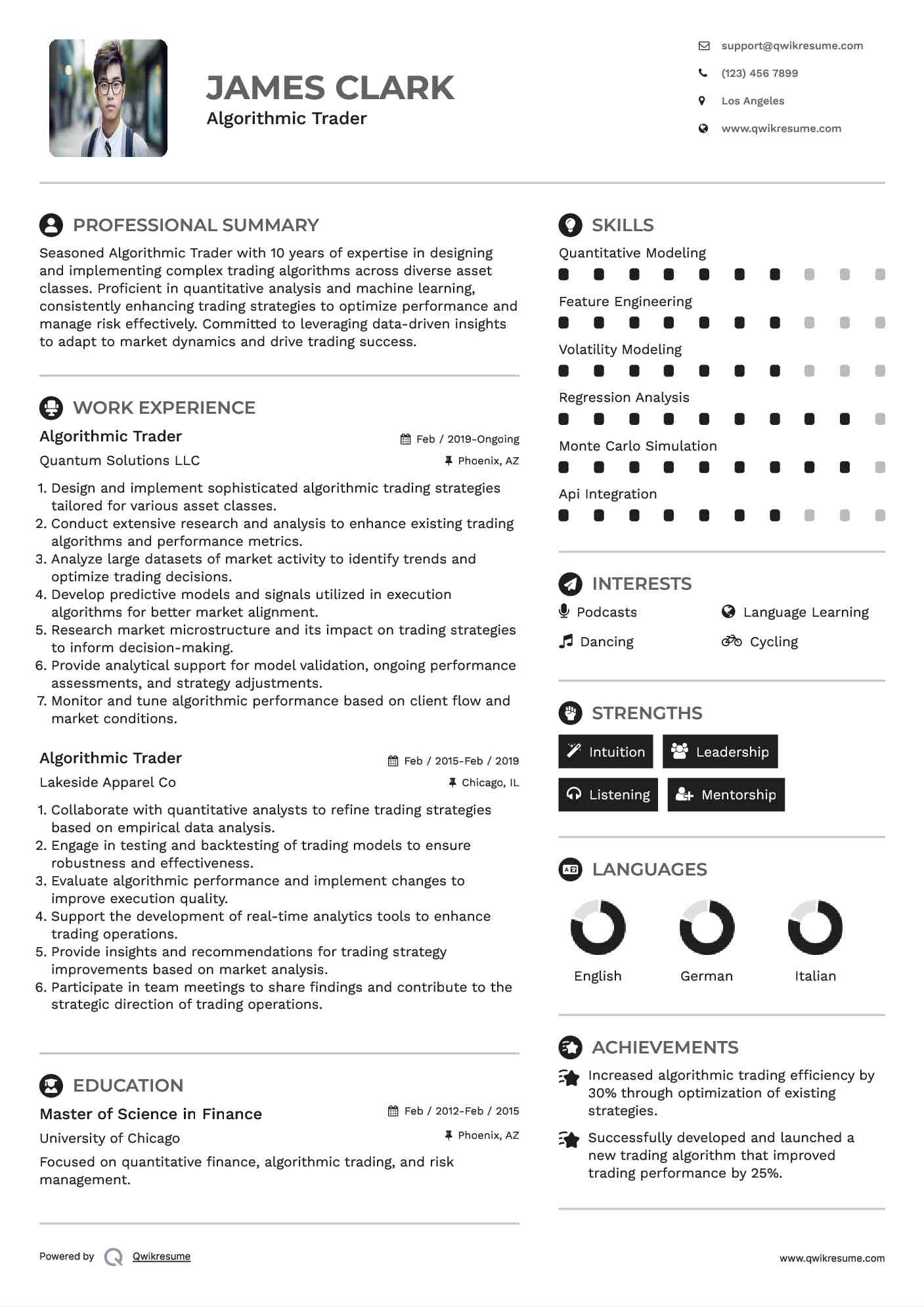 Algorithmic Trader Resume Format
