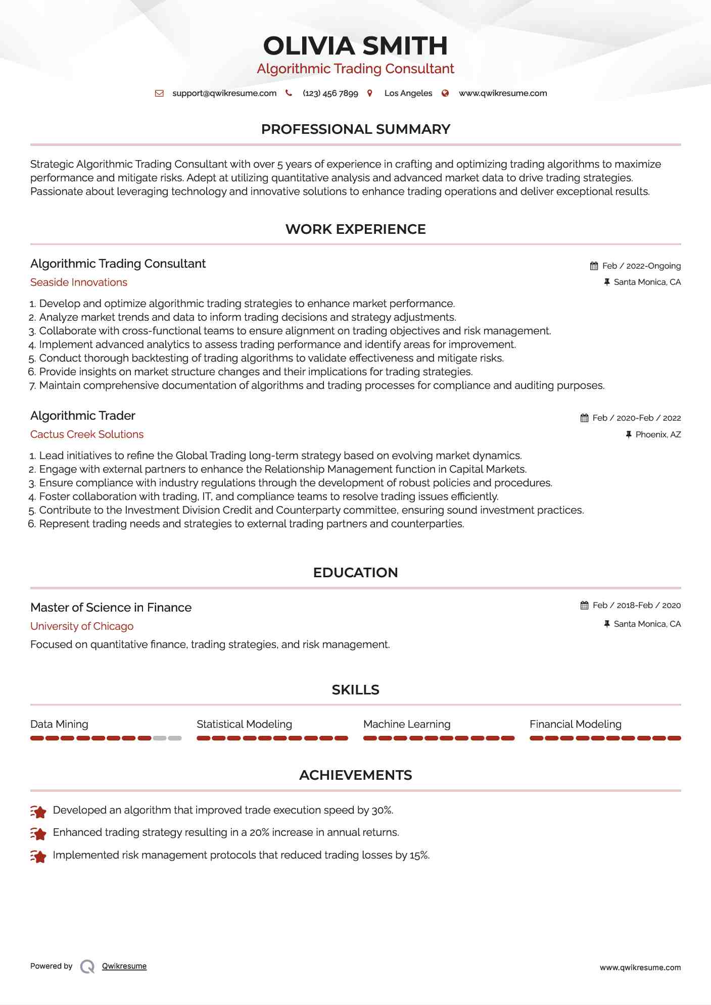 Algorithmic Trading Consultant Resume Model