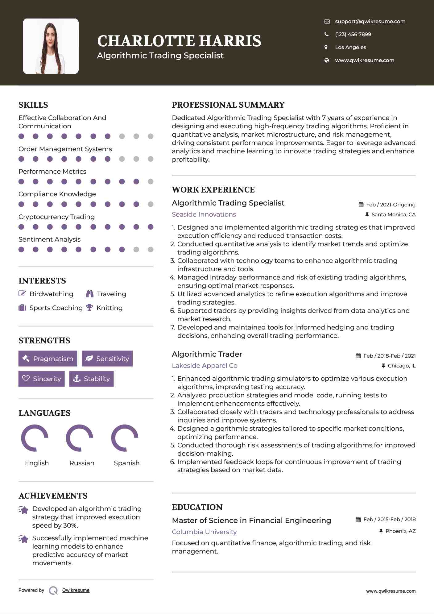 Algorithmic Trading Specialist Resume Format