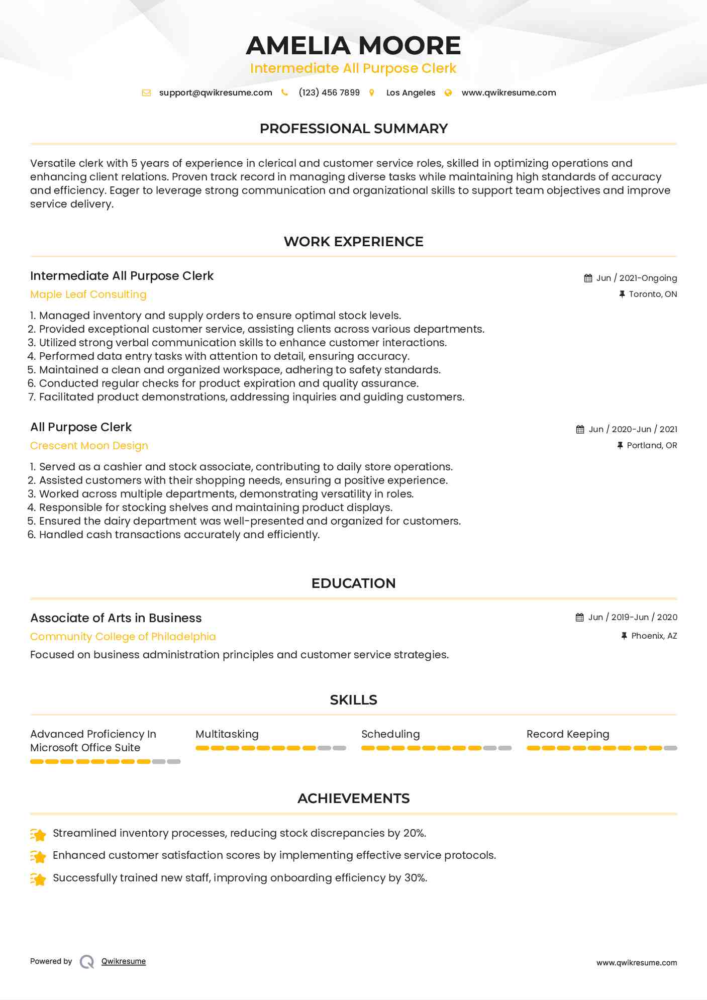 Intermediate All Purpose Clerk Resume Sample