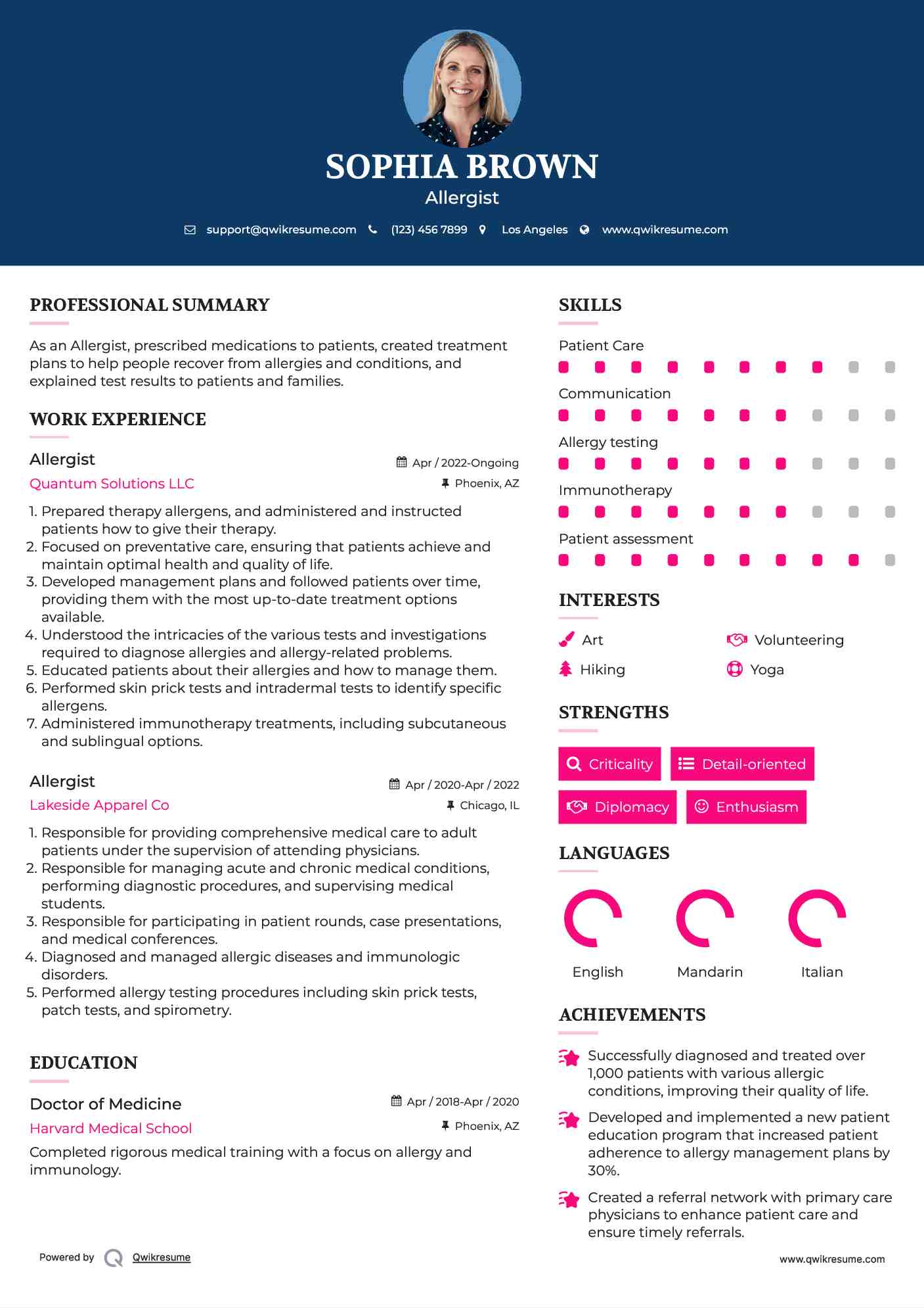 Allergist Resume Sample