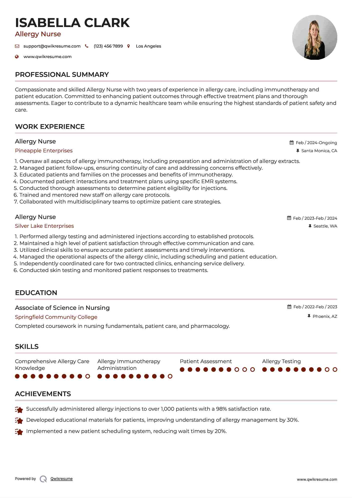 Allergy Nurse Resume Example