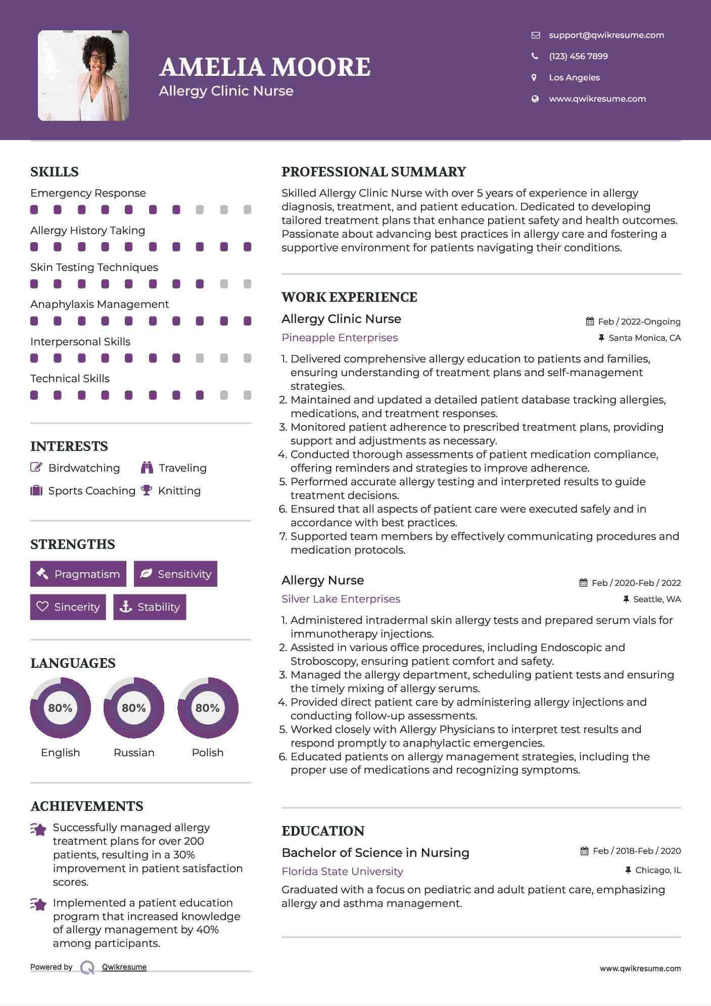 Allergy Clinic Nurse Resume Model