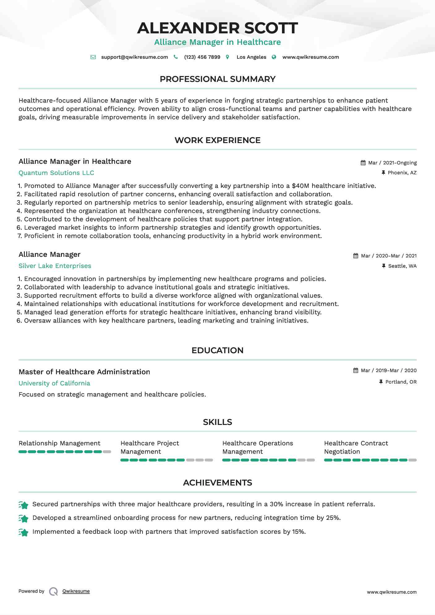 Alliance Manager in Healthcare Resume Sample