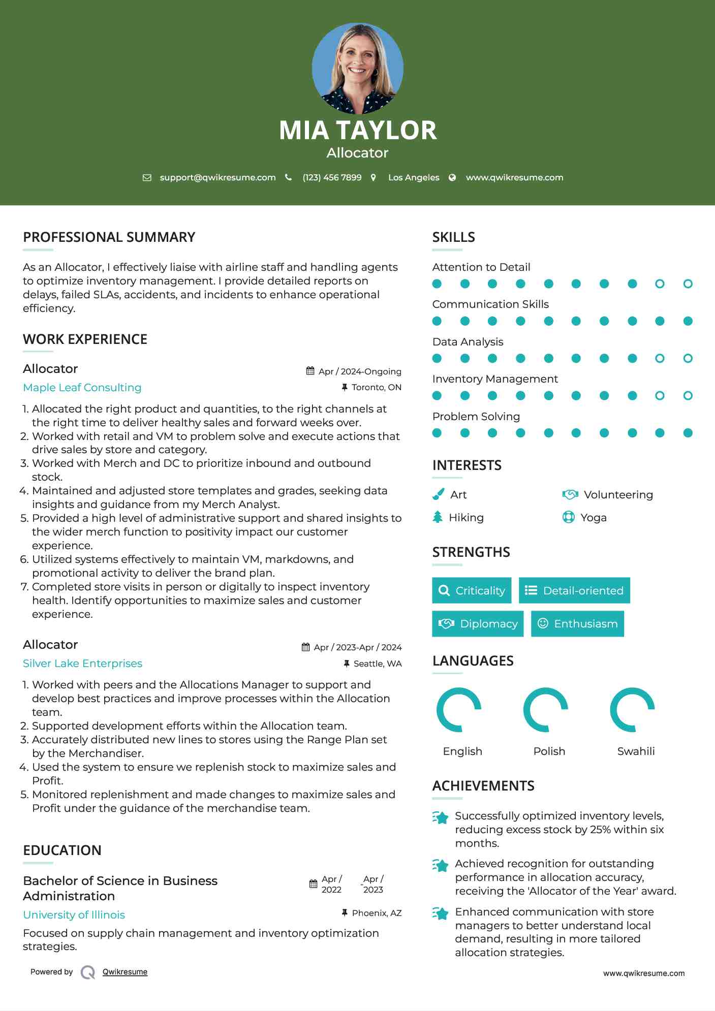 Allocator  Resume Sample