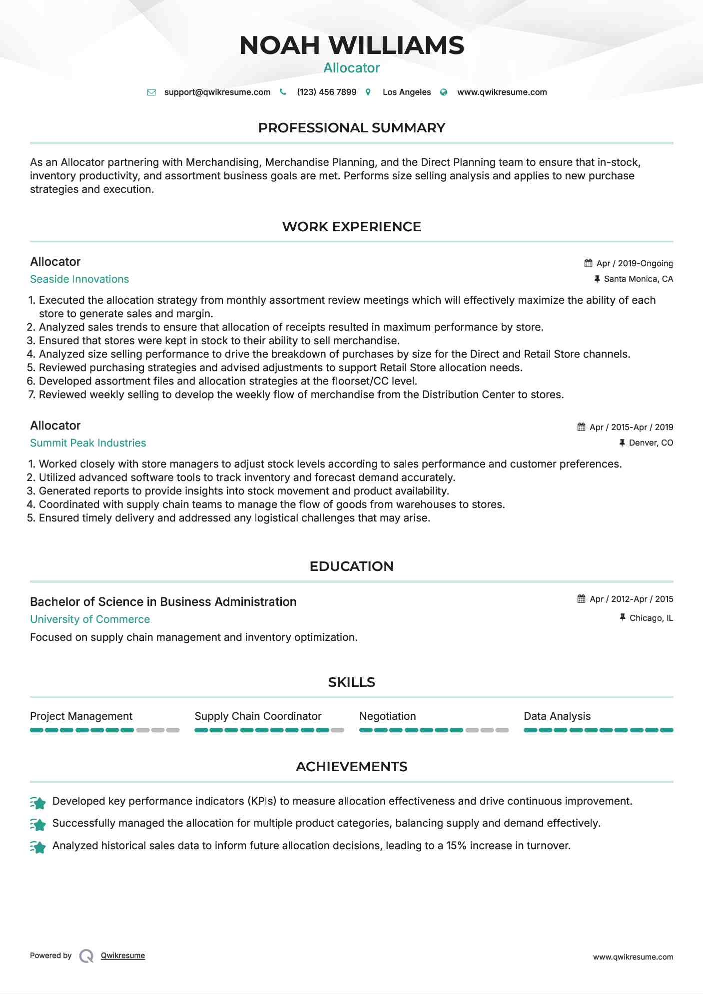 Allocator  Resume Example