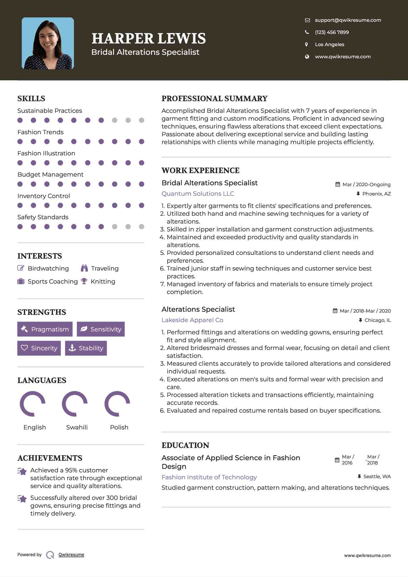 Bridal Alterations Specialist Resume Model
