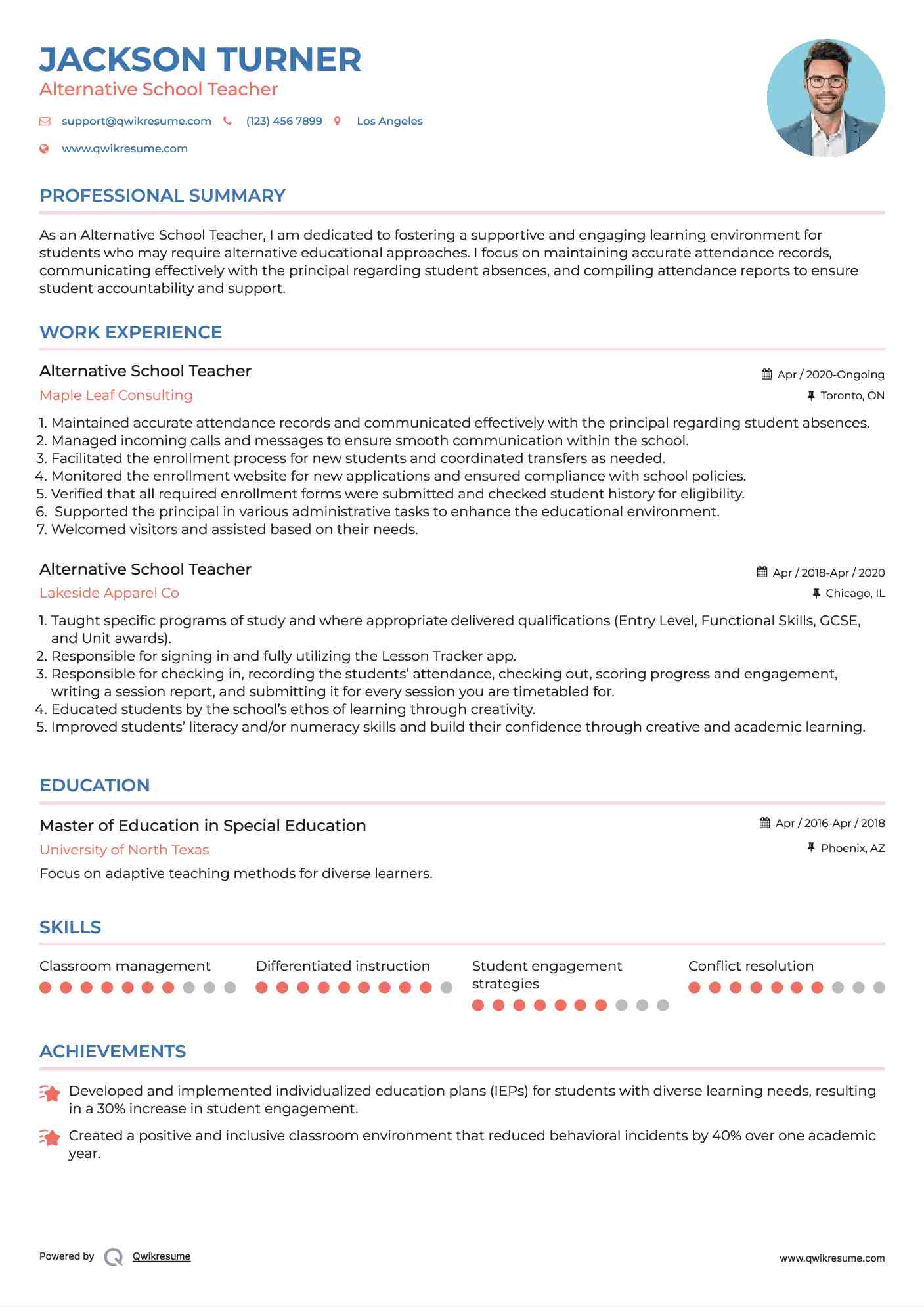 Alternative School Teacher  Resume Example