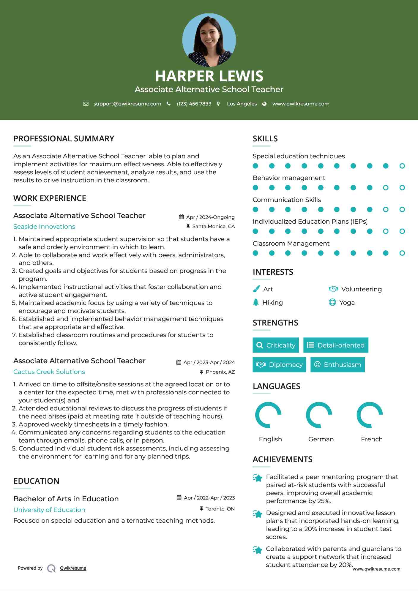 Associate Alternative School Teacher  Resume Sample