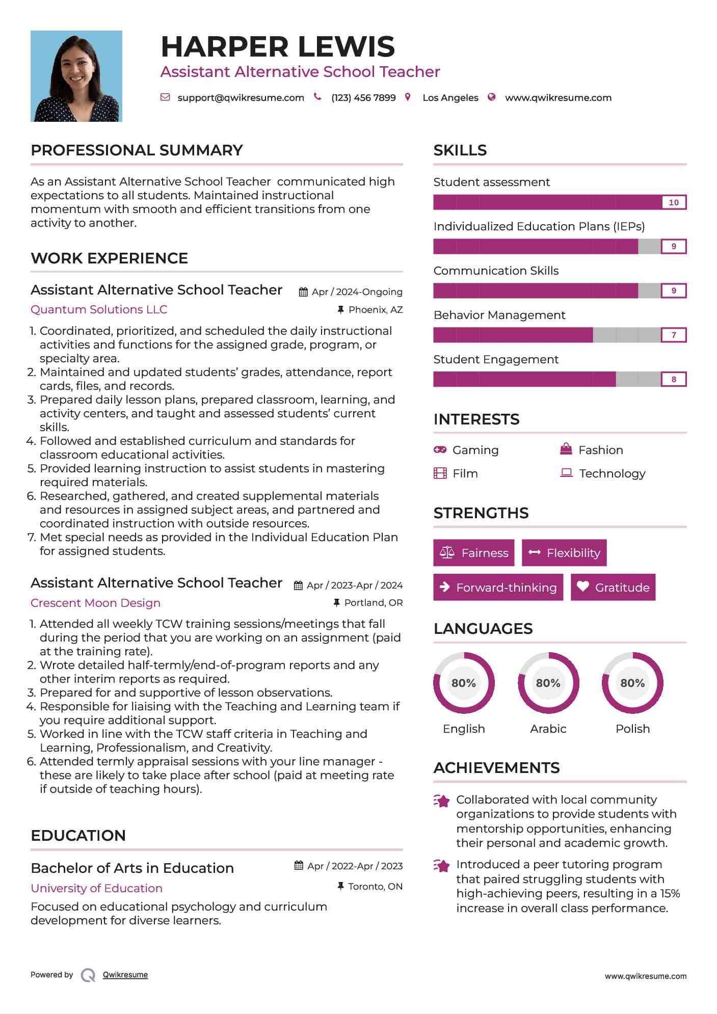 Assistant Alternative School Teacher  Resume Example