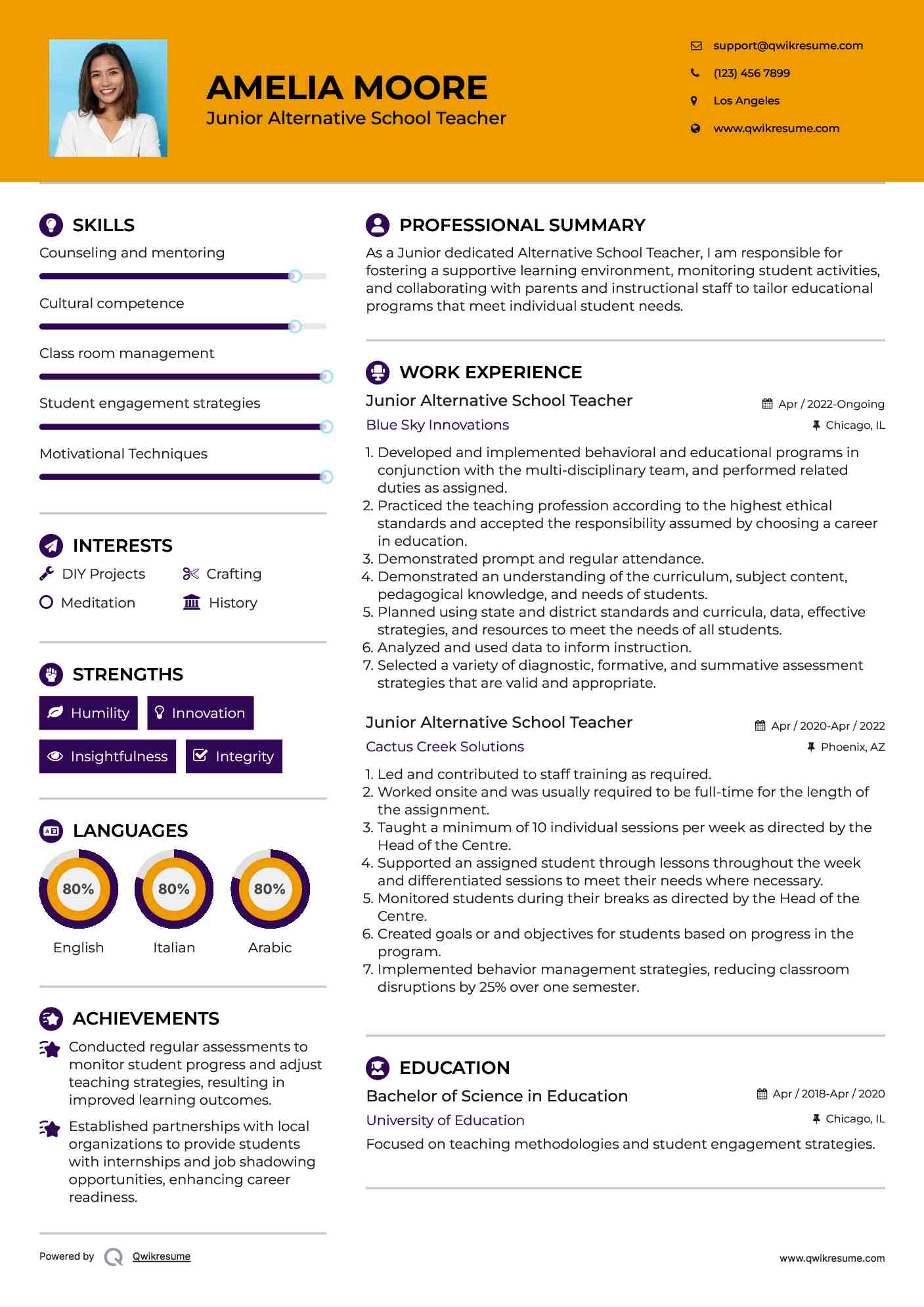 Junior Alternative School Teacher  Resume Template