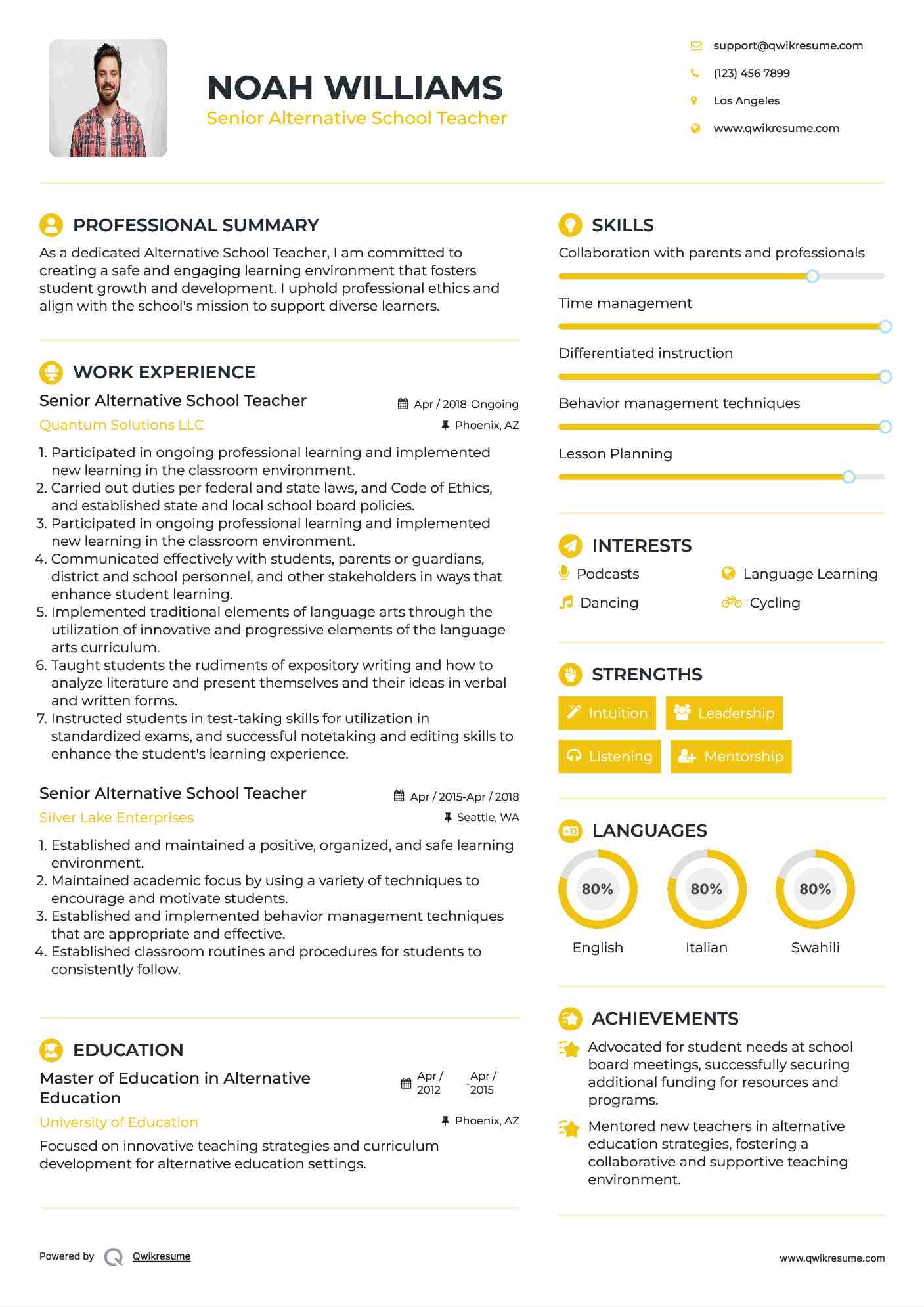Senior Alternative School Teacher Resume Model