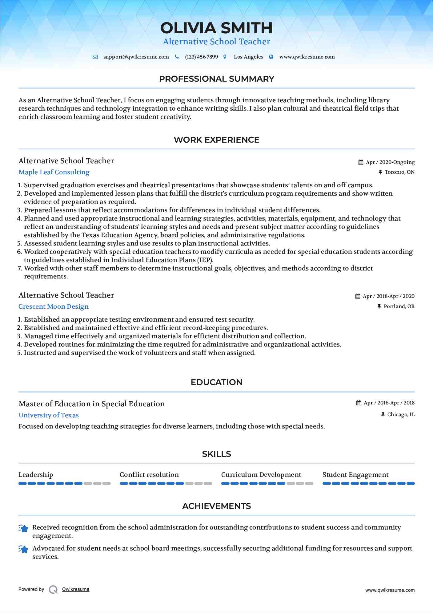 Alternative School Teacher Resume Template