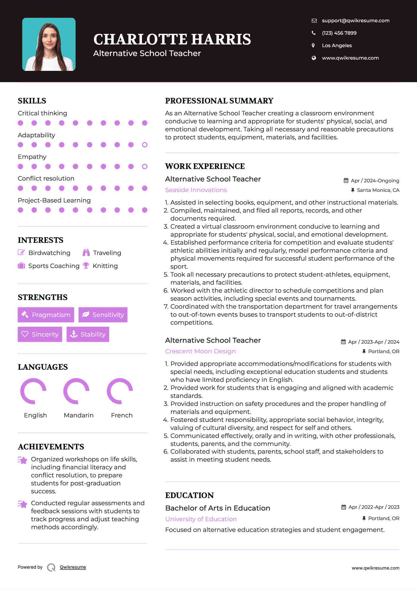 Alternative School Teacher  Resume Format
