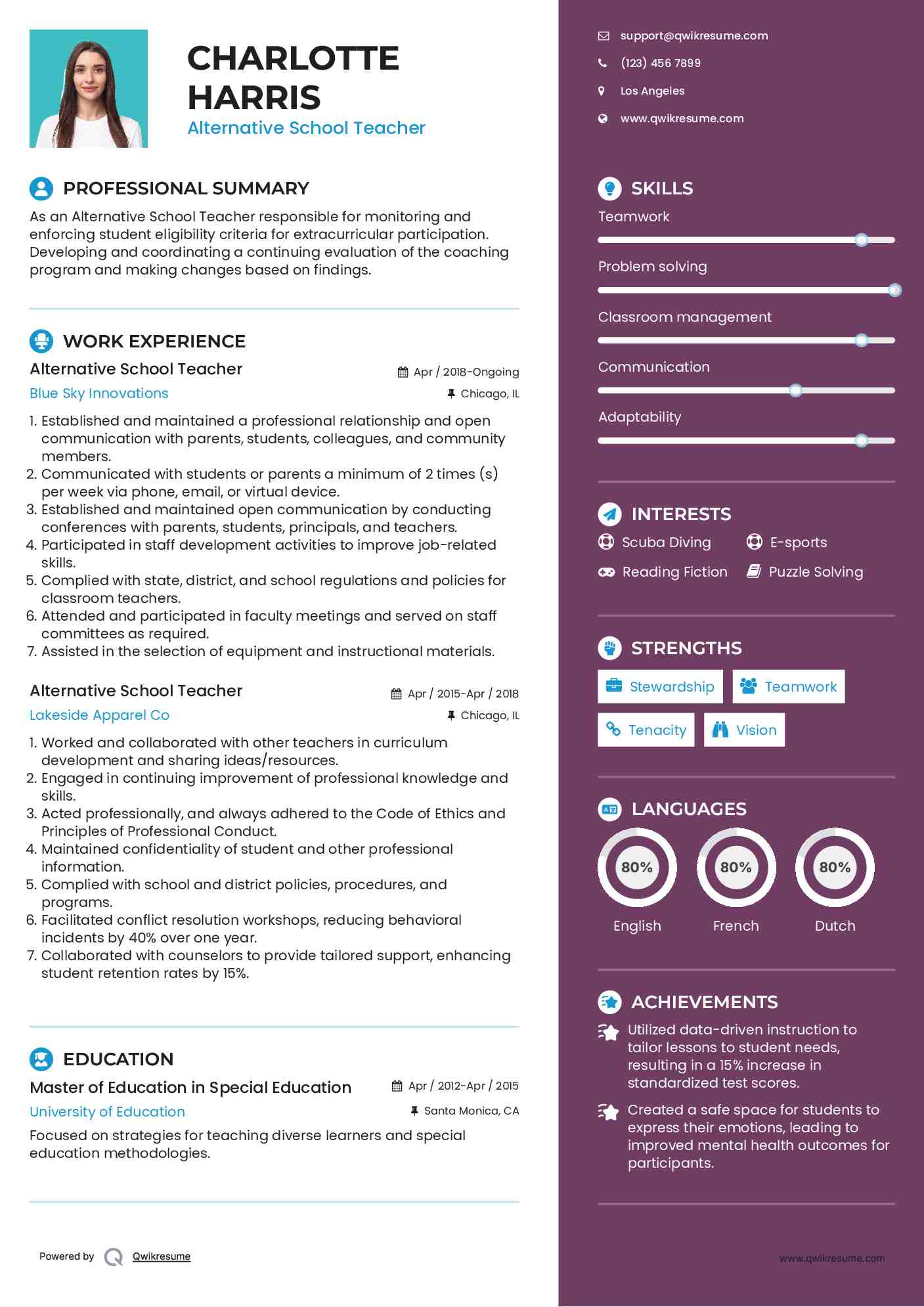 Alternative School Teacher  Resume Model
