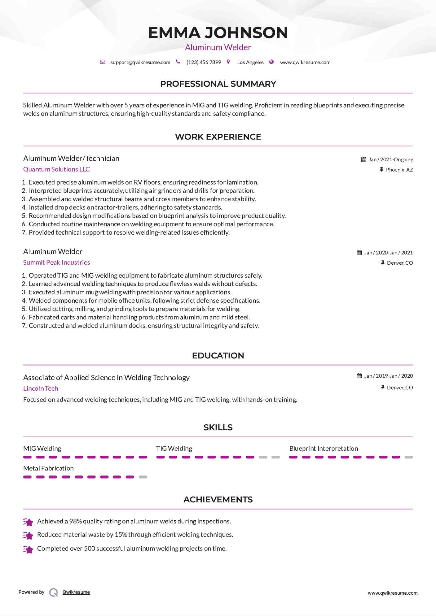 Aluminum Welder/Technician Resume Model