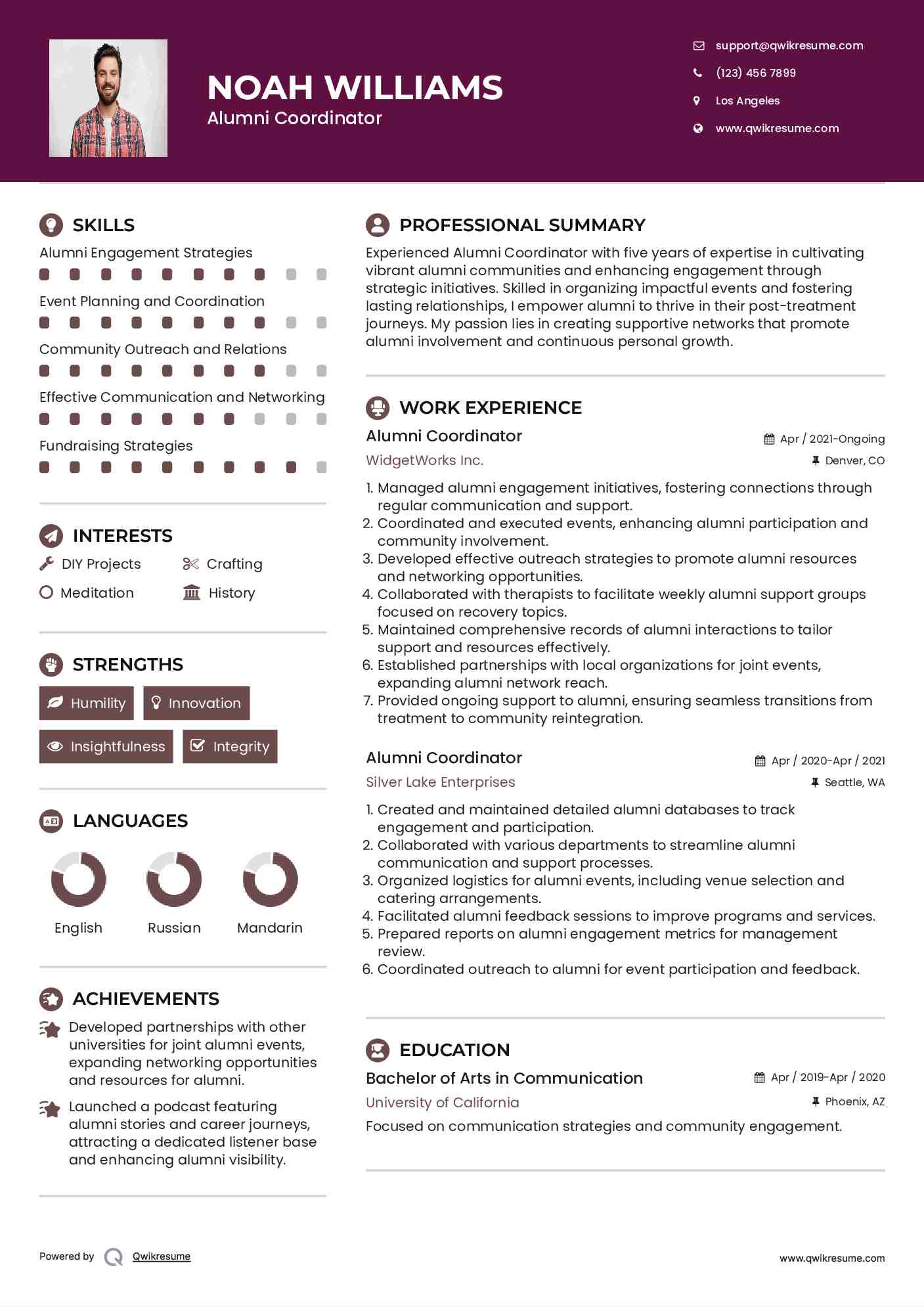 Alumni Coordinator  Resume Example