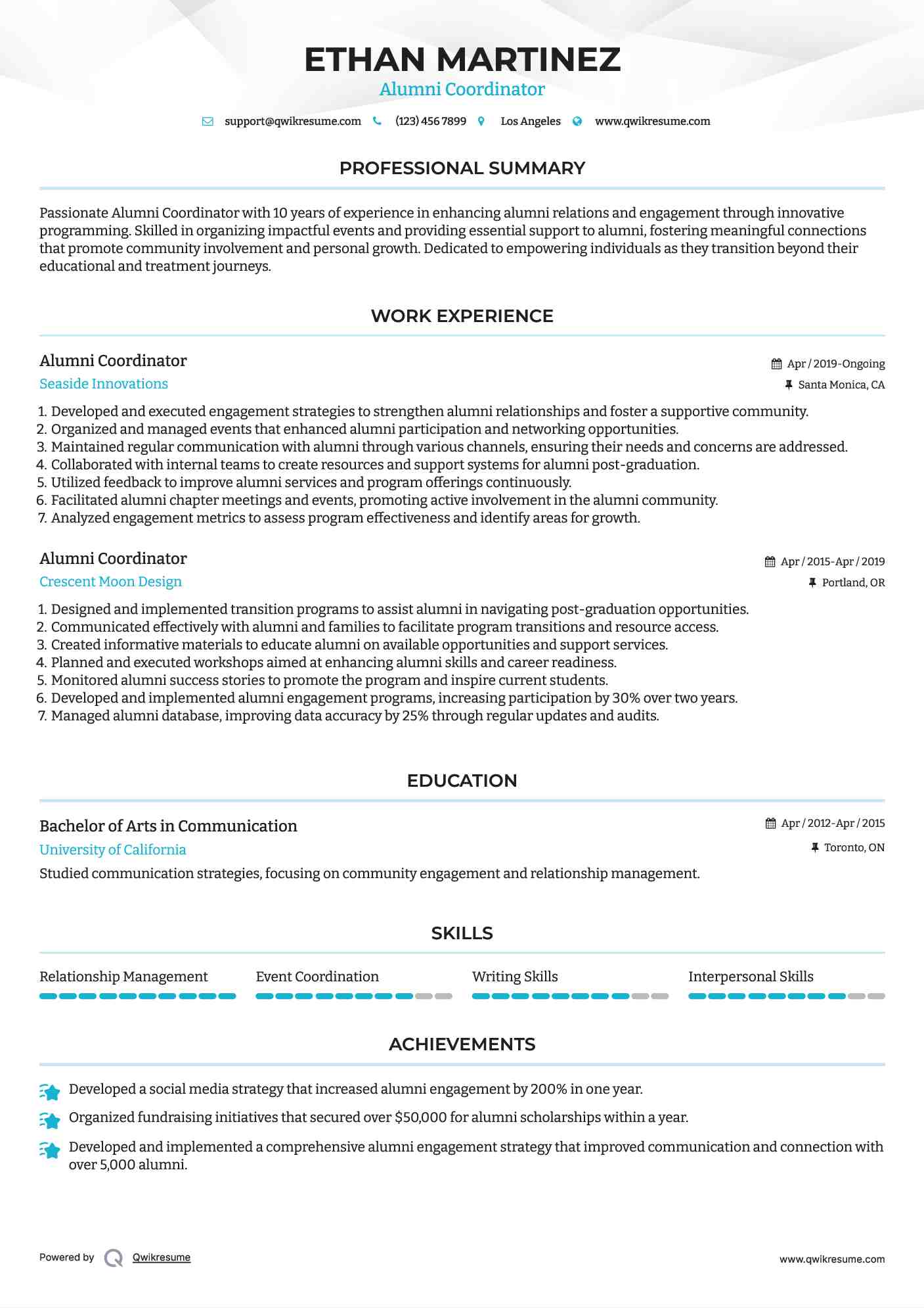 Alumni Coordinator  Resume Format