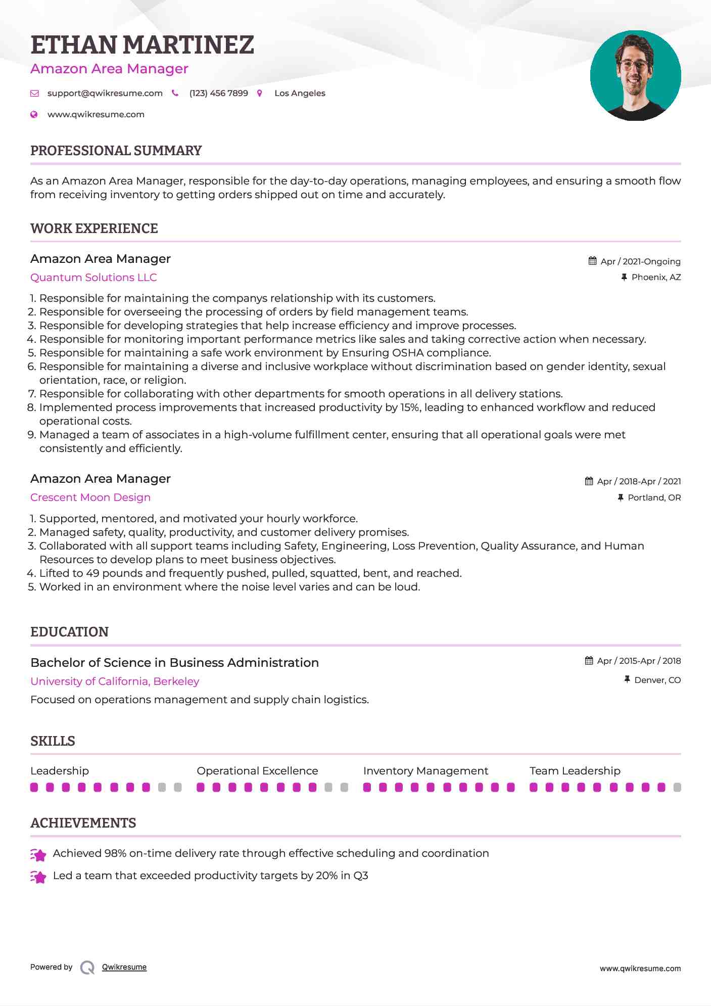 Amazon Area Manager Resume Example