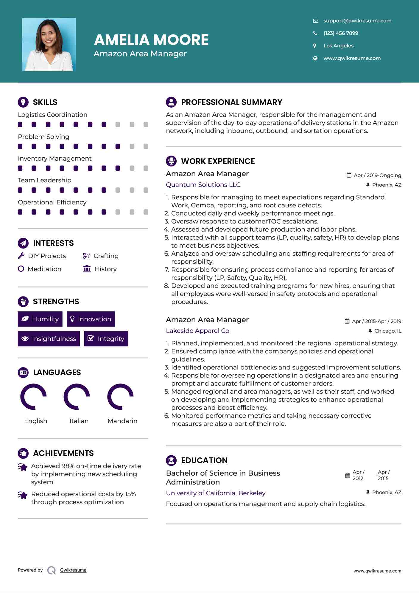 Amazon Area Manager Resume Example