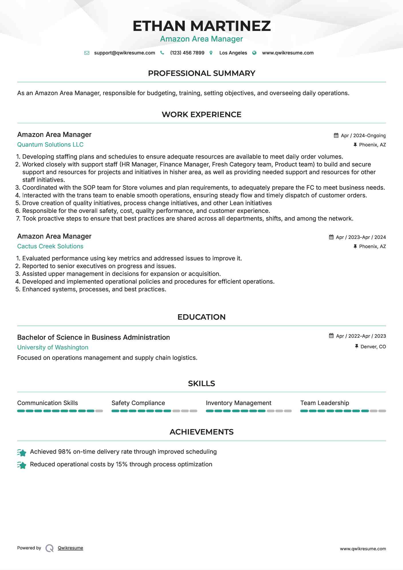 Amazon Area Manager Resume Template
