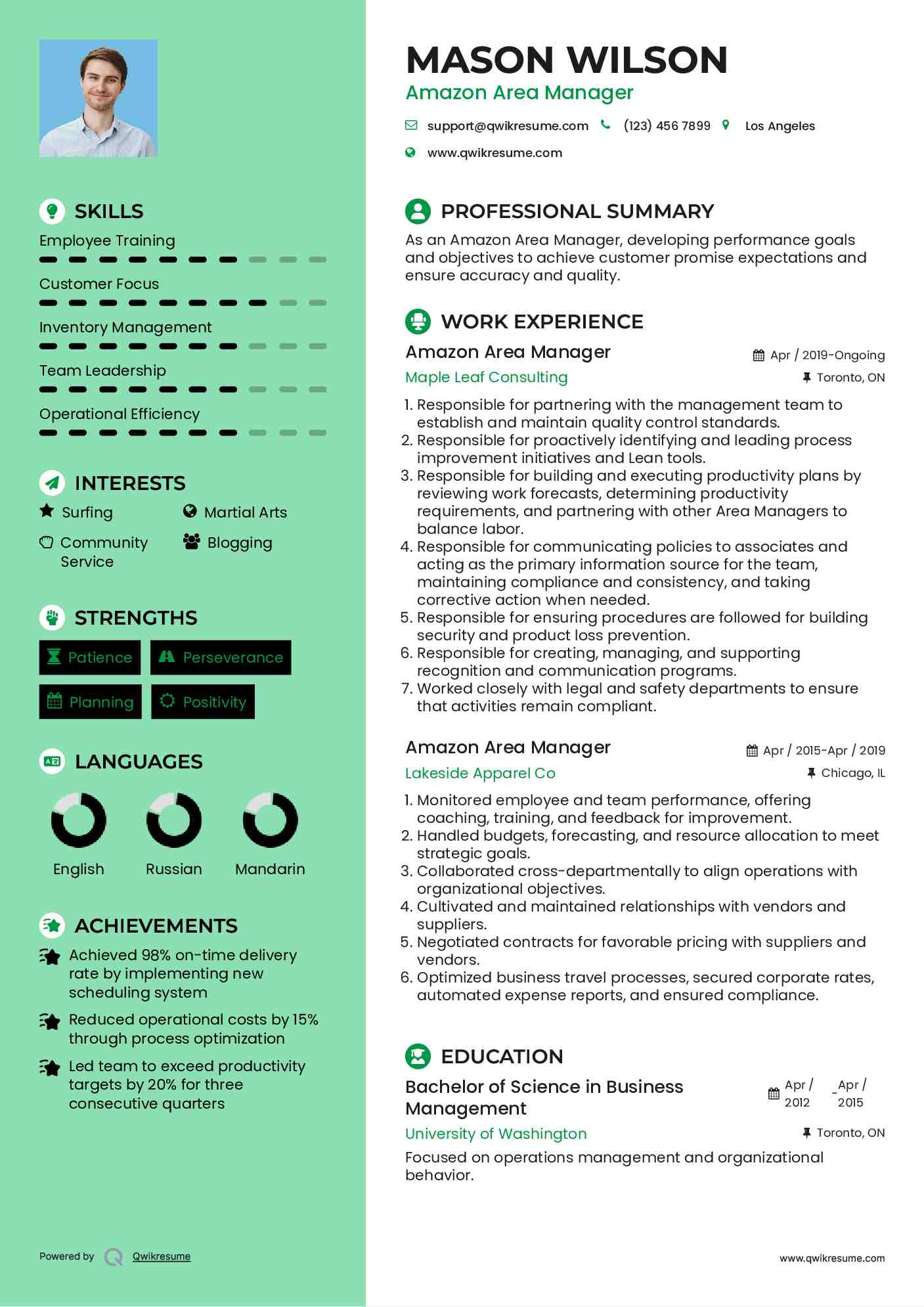 Amazon Area Manager Resume Example