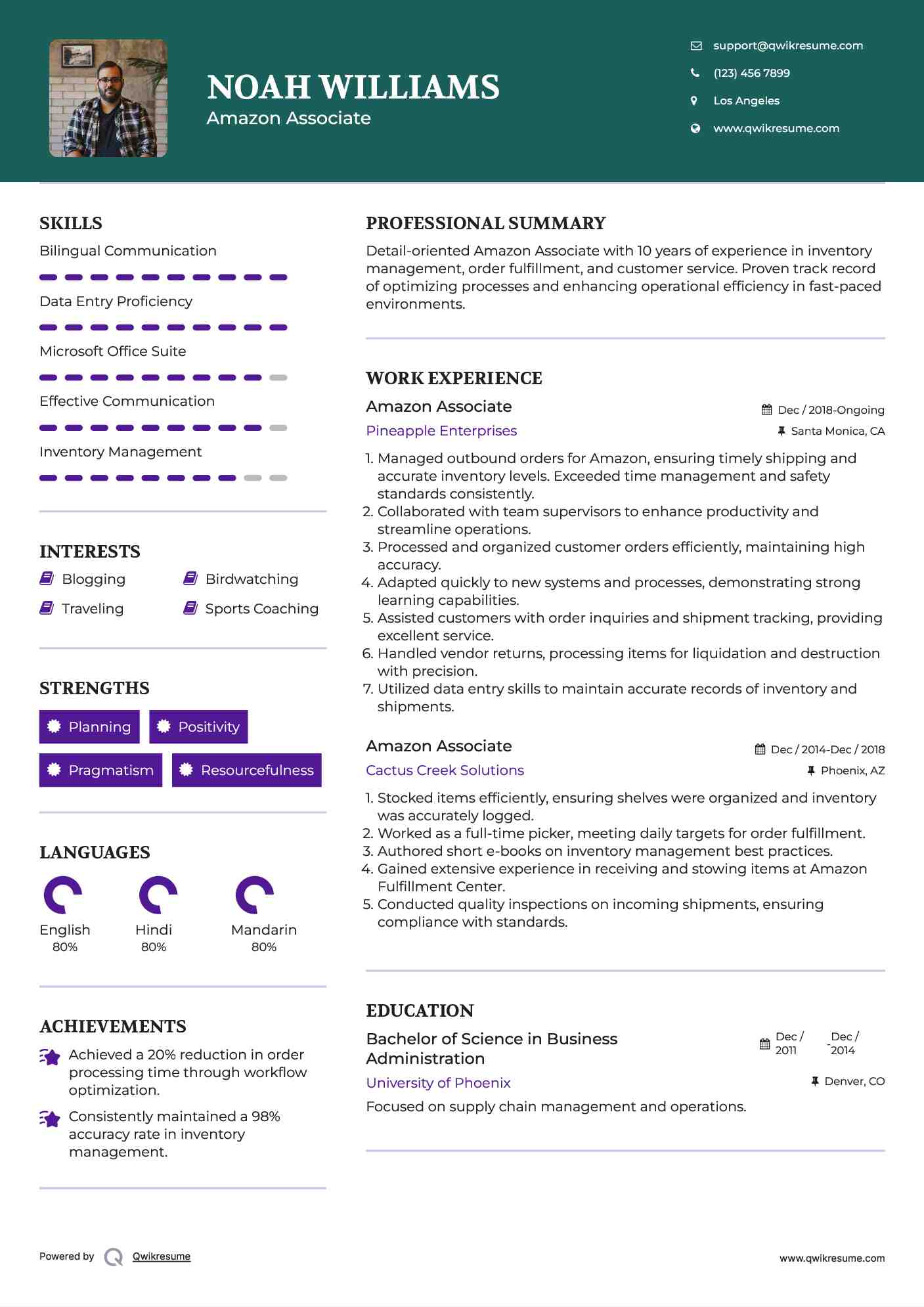 Amazon Associate Resume Format