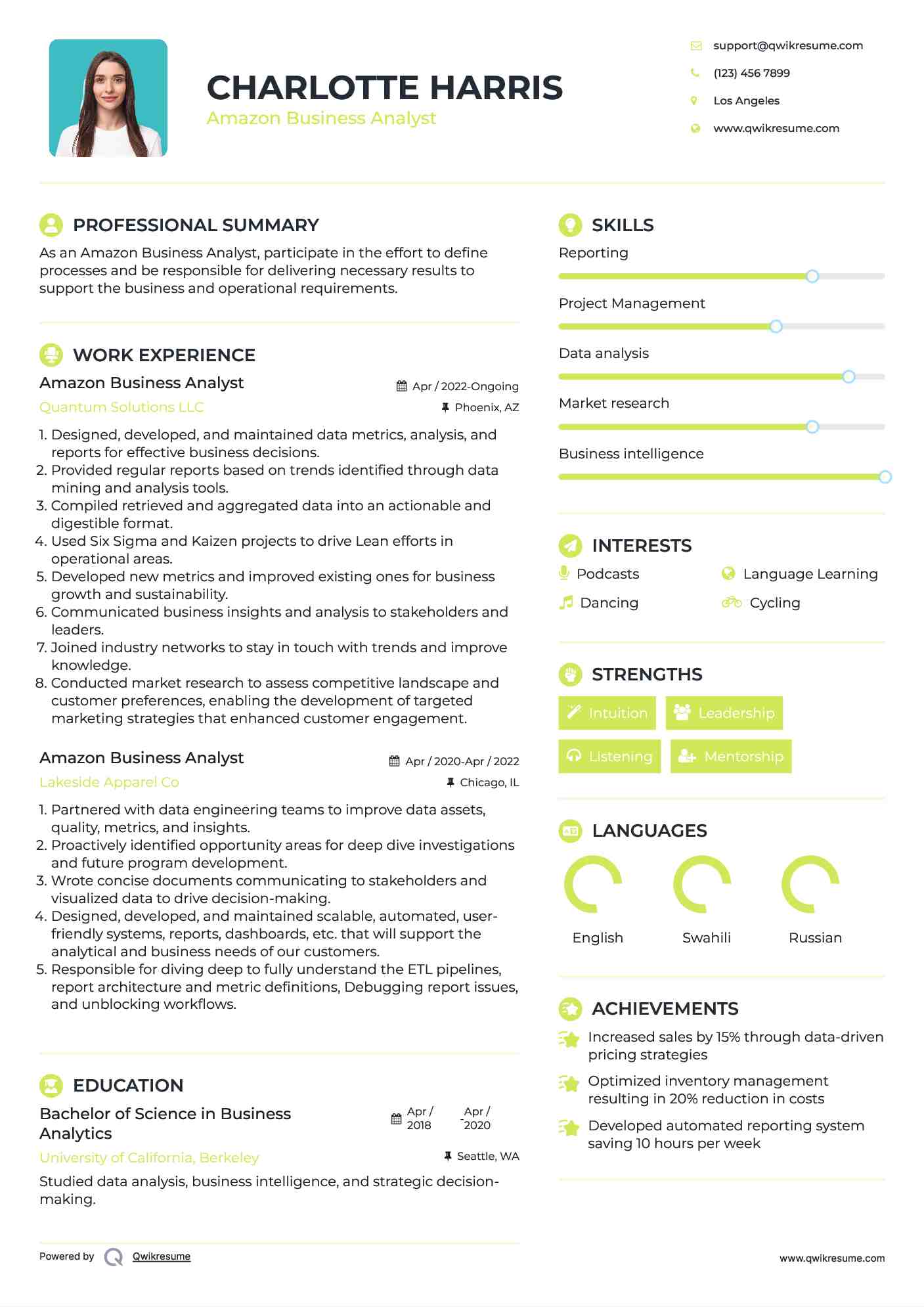 Amazon Business Analyst Resume Example