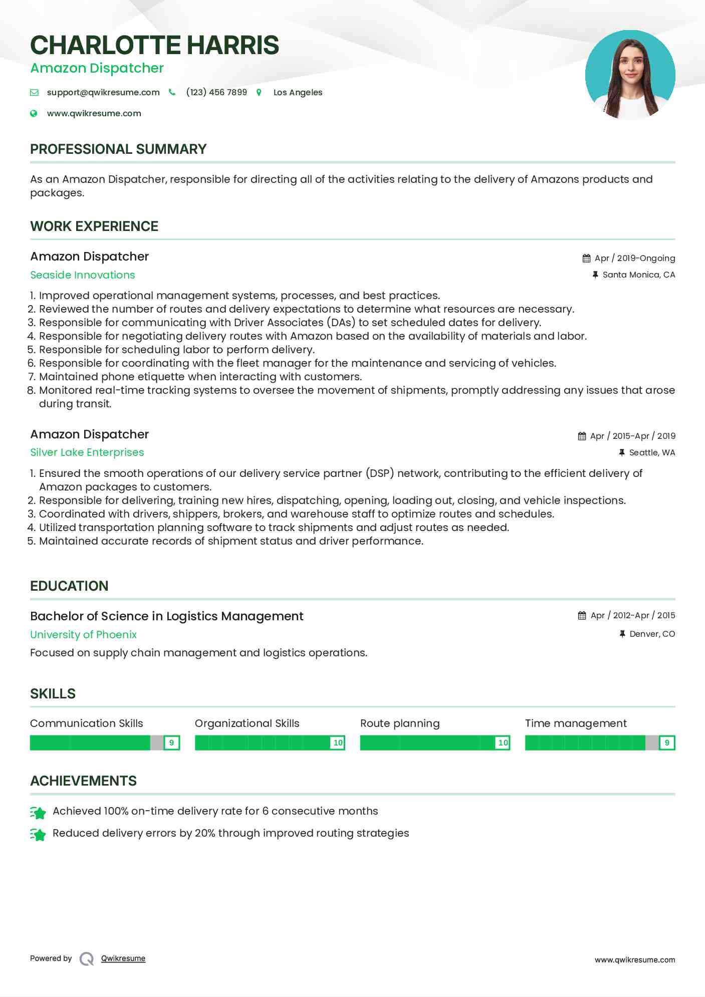 Amazon Dispatcher Resume Example