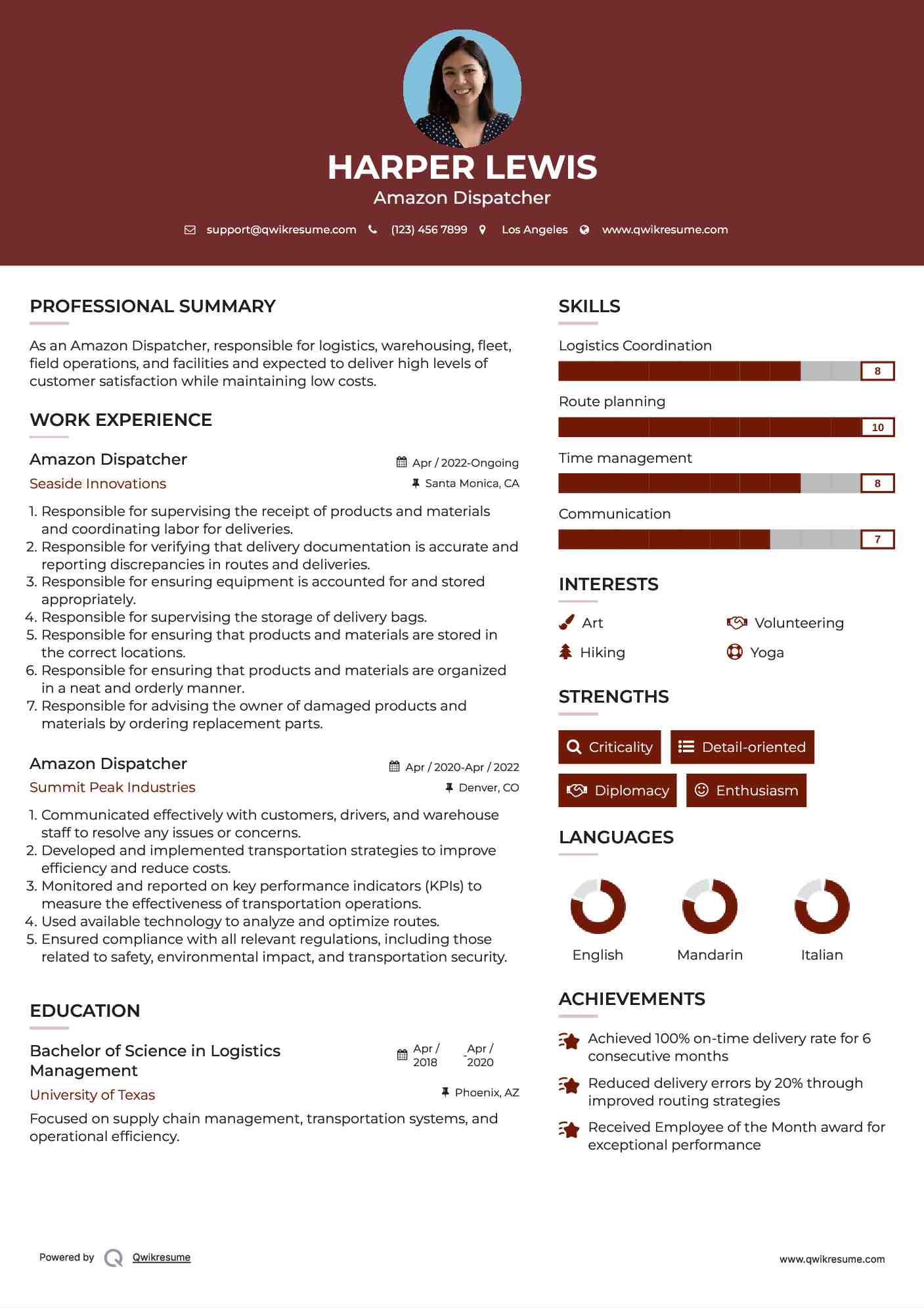 Amazon Dispatcher Resume Format