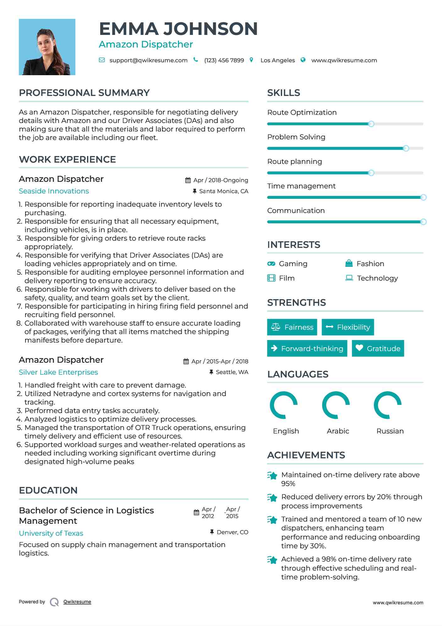 Amazon Dispatcher Resume Model