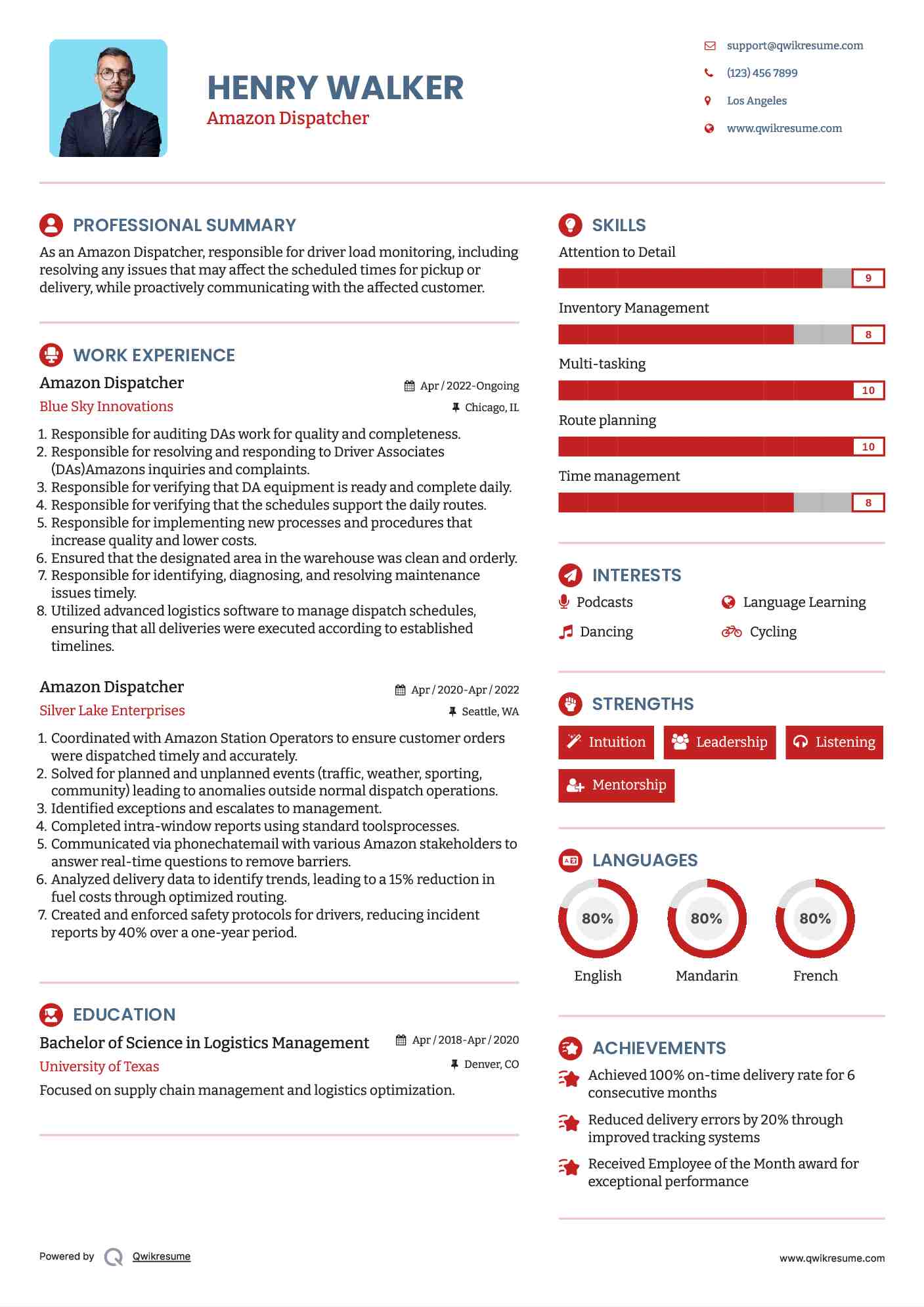 Amazon Dispatcher Resume Model