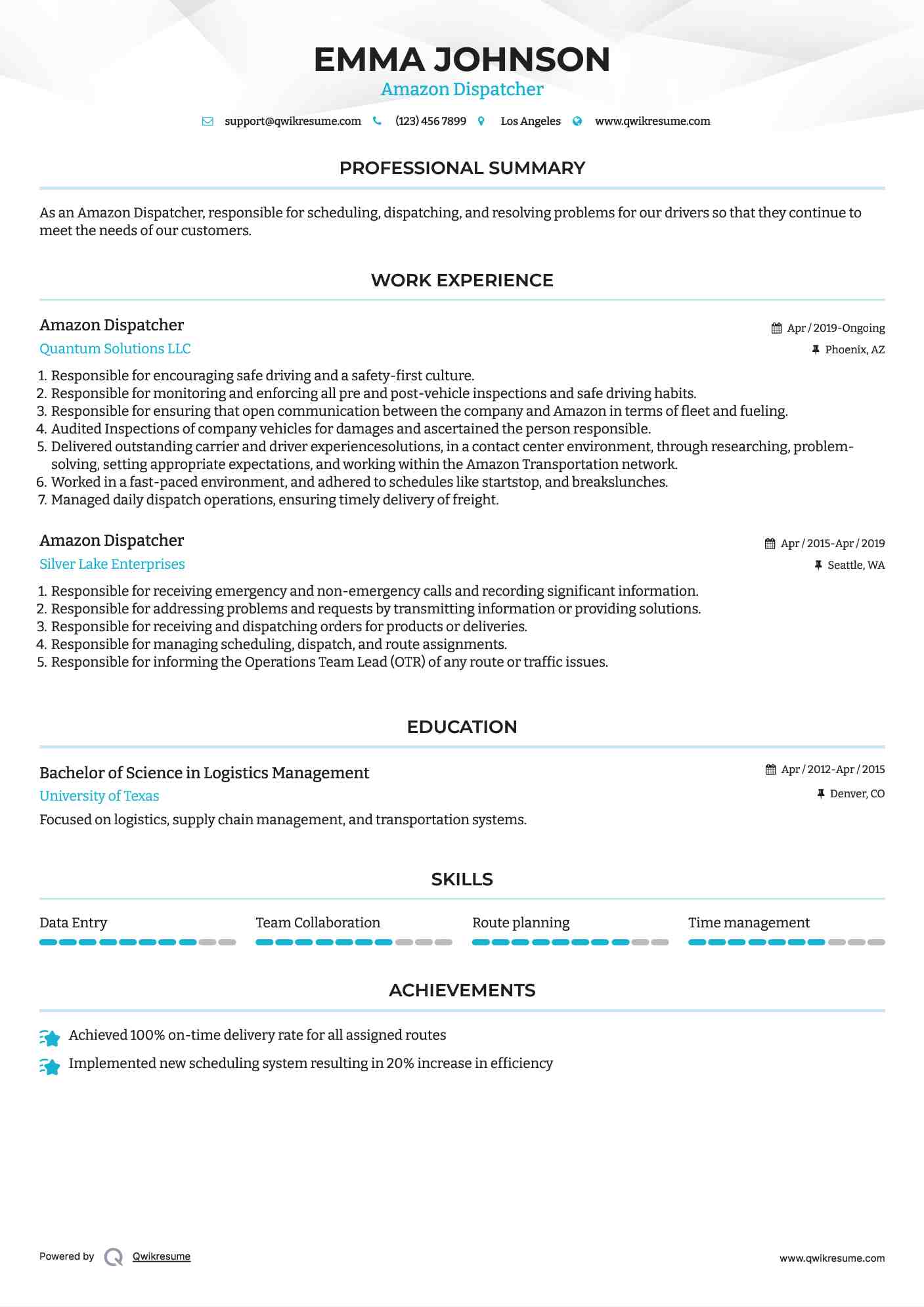 Amazon Dispatcher Resume Model