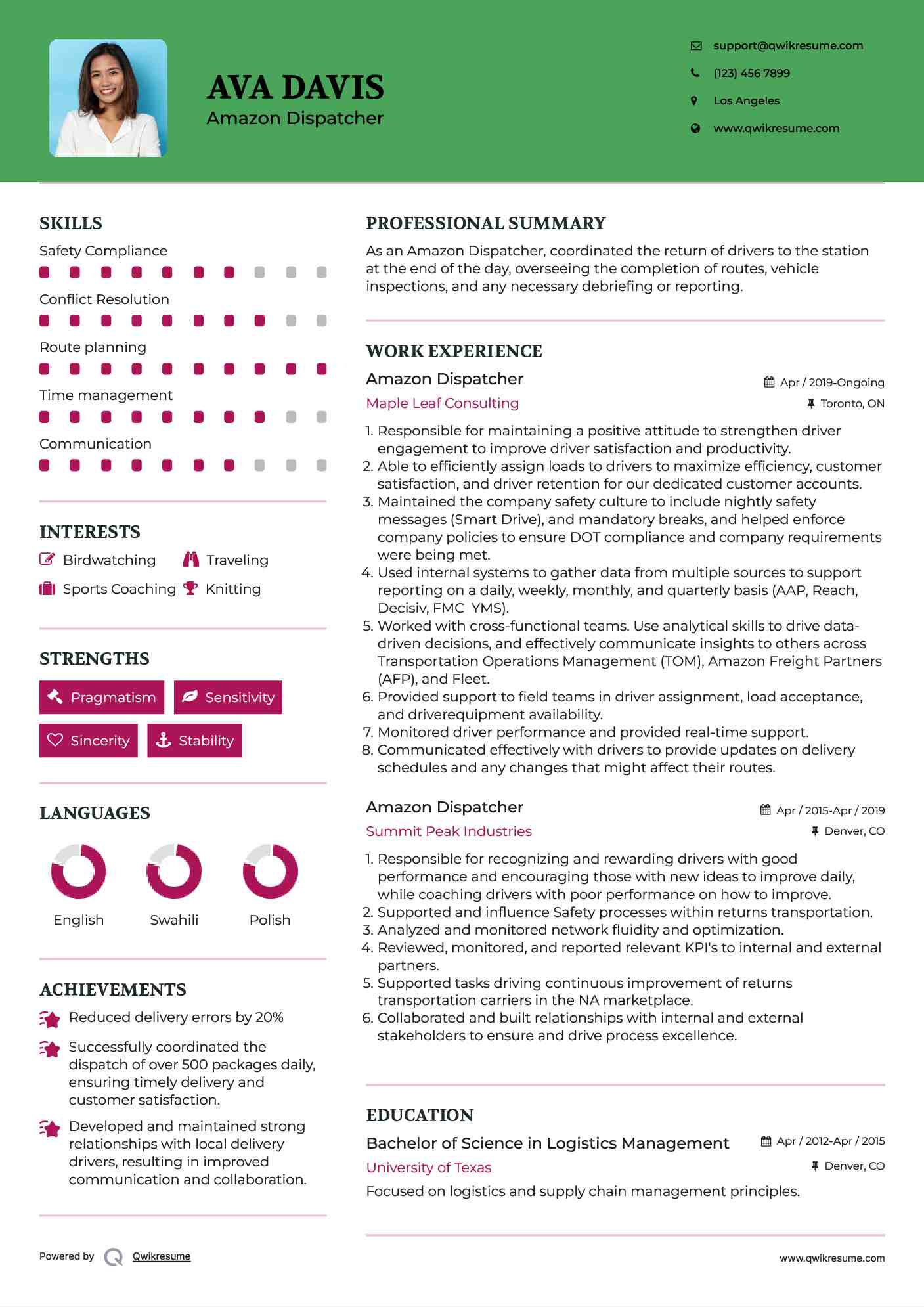 Amazon Dispatcher Resume Format