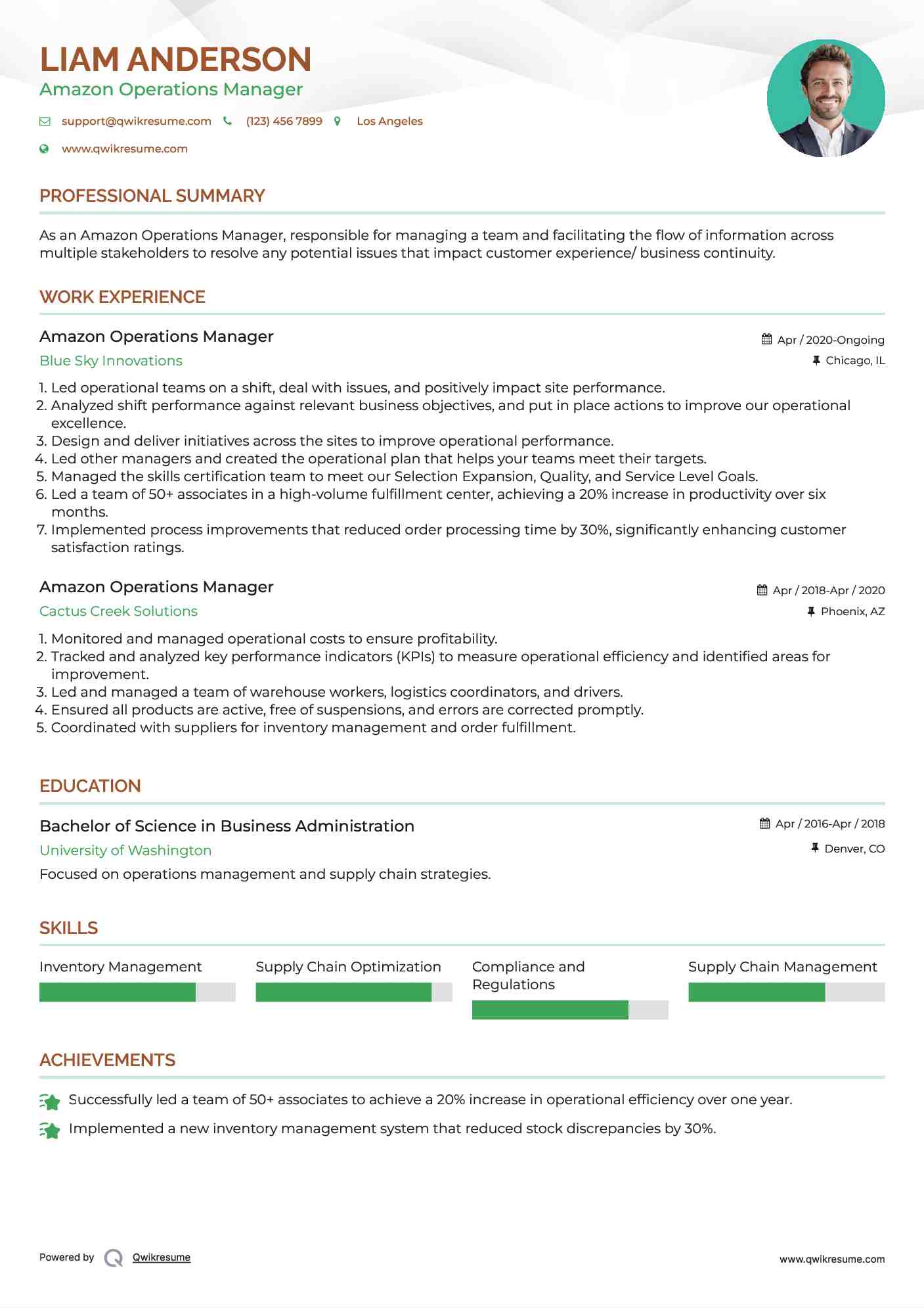 Amazon Operations Manager Resume Sample