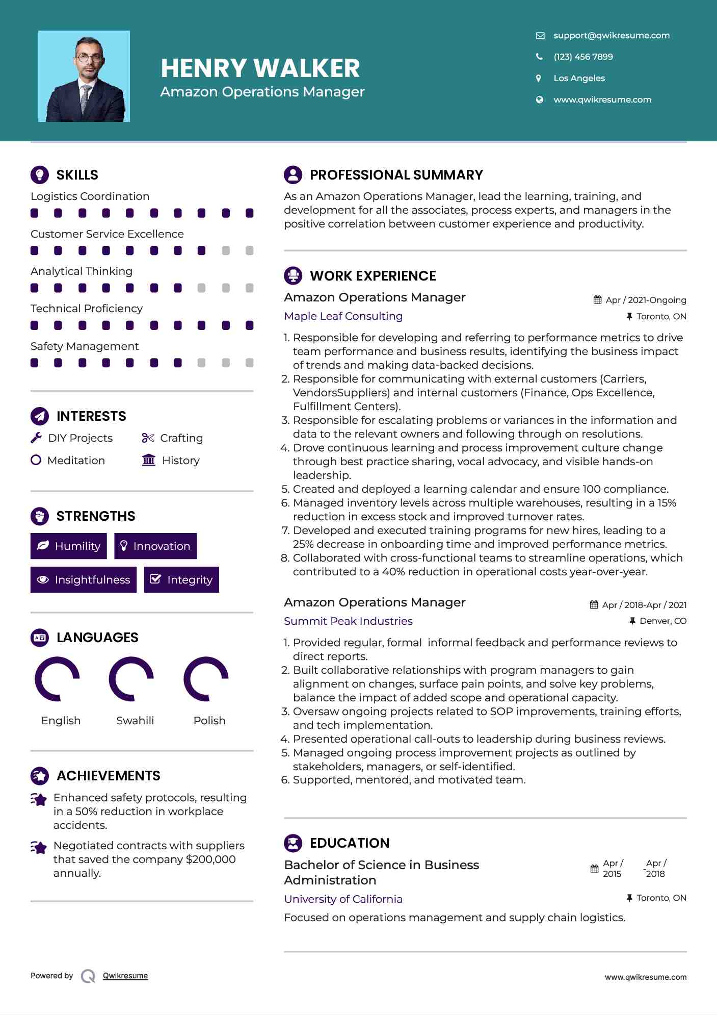 Amazon Operations Manager Resume Template