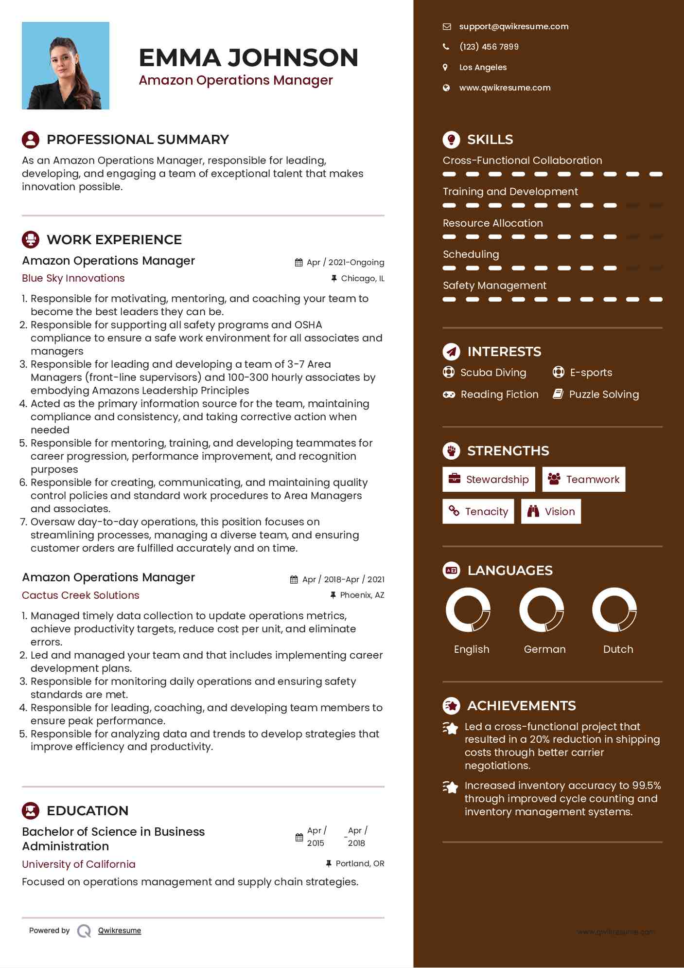 Amazon Operations Manager Resume Example