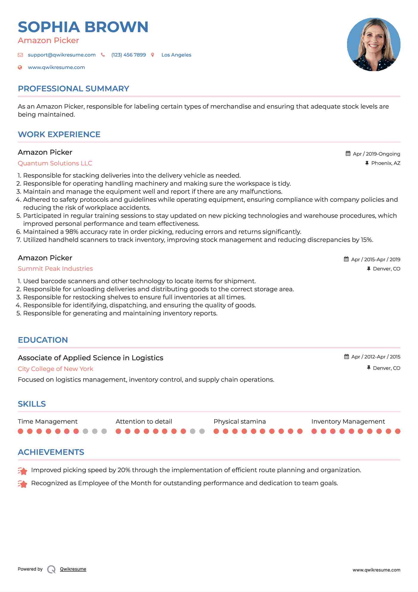Amazon Picker Resume Sample