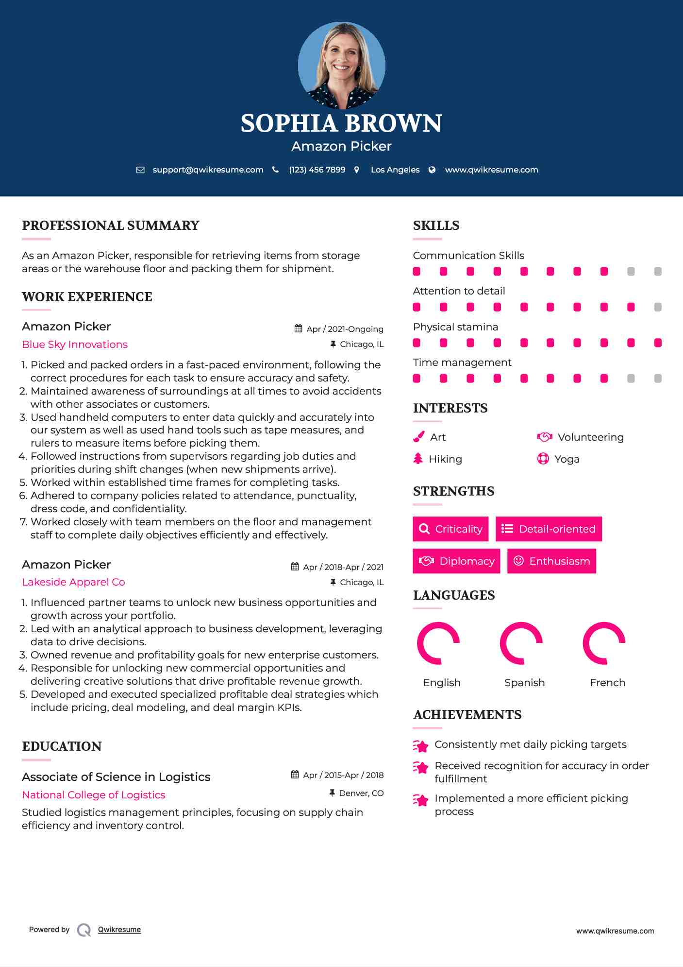 Amazon Picker Resume Sample