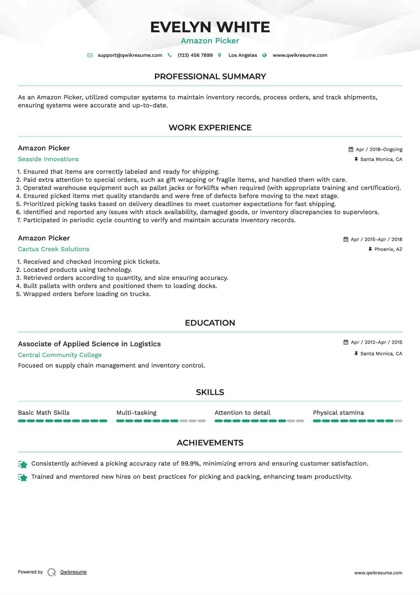 Amazon Picker Resume Model