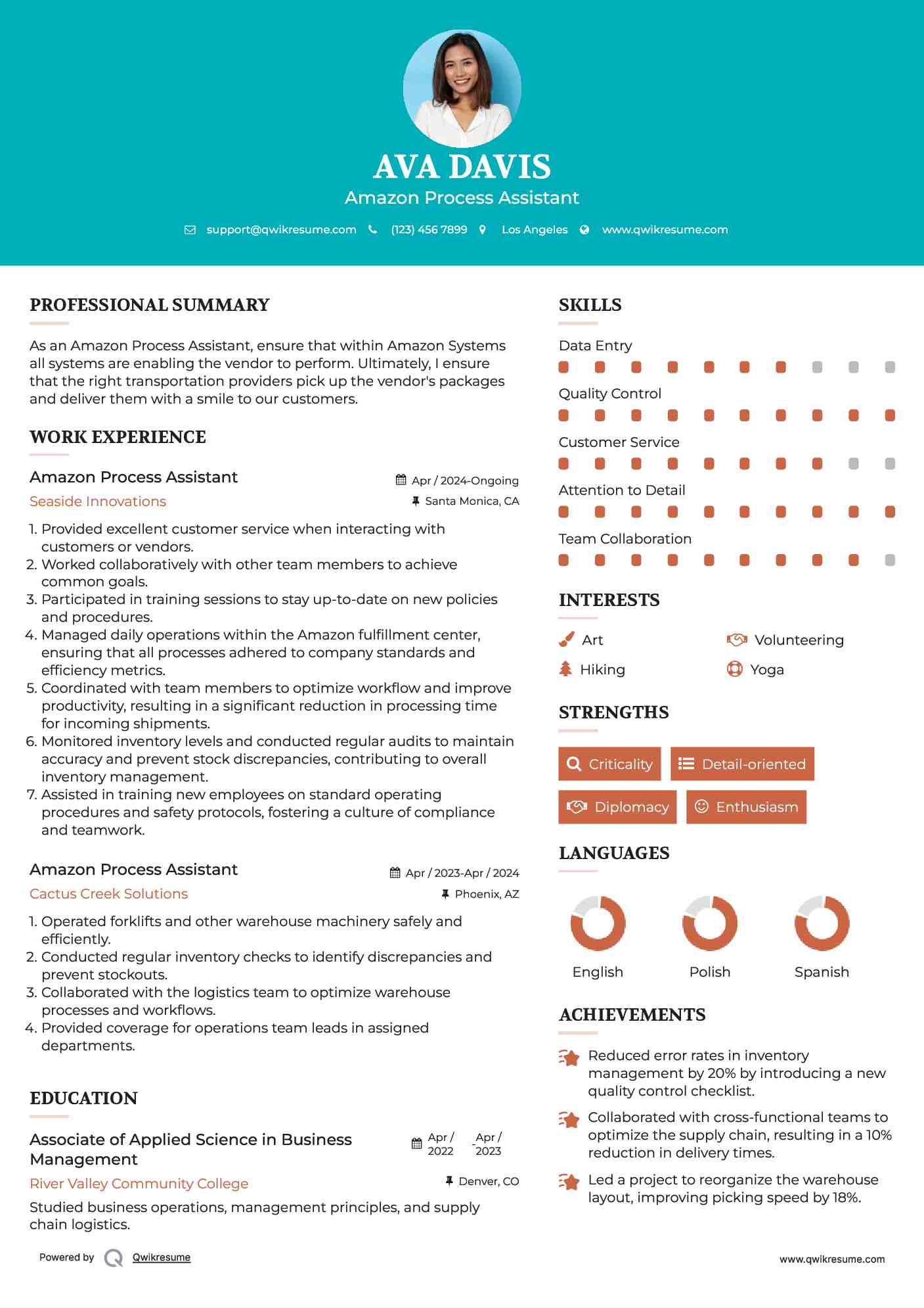 Amazon Process Assistant Resume Template
