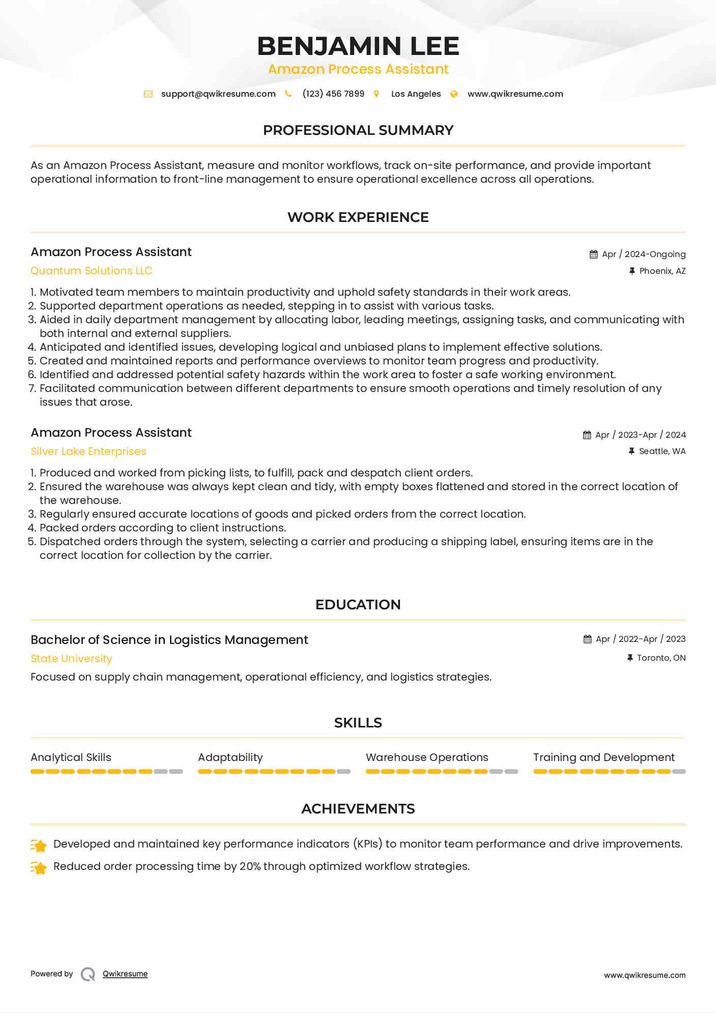 Amazon Process Assistant Resume Model