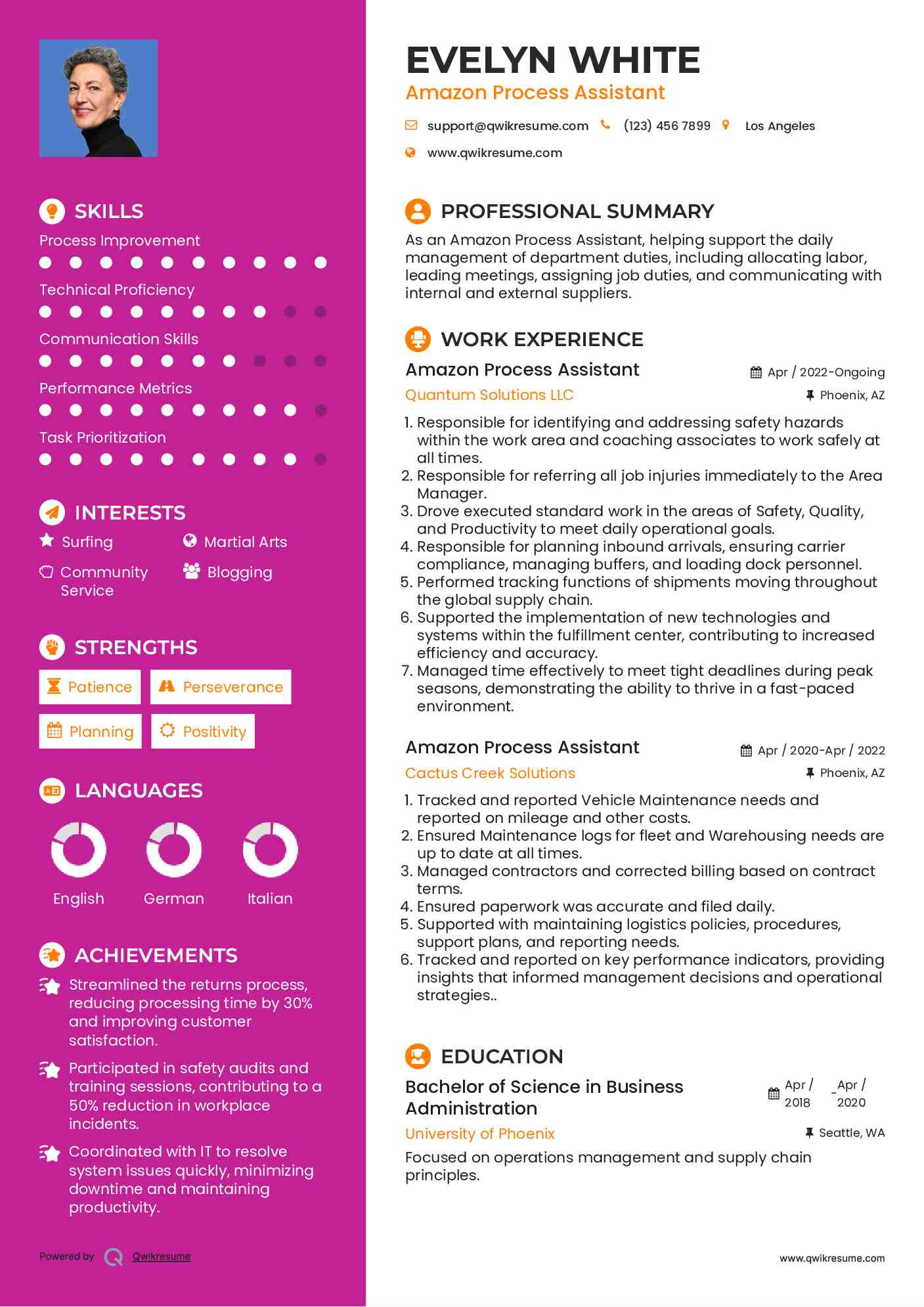 Amazon Process Assistant Resume Format
