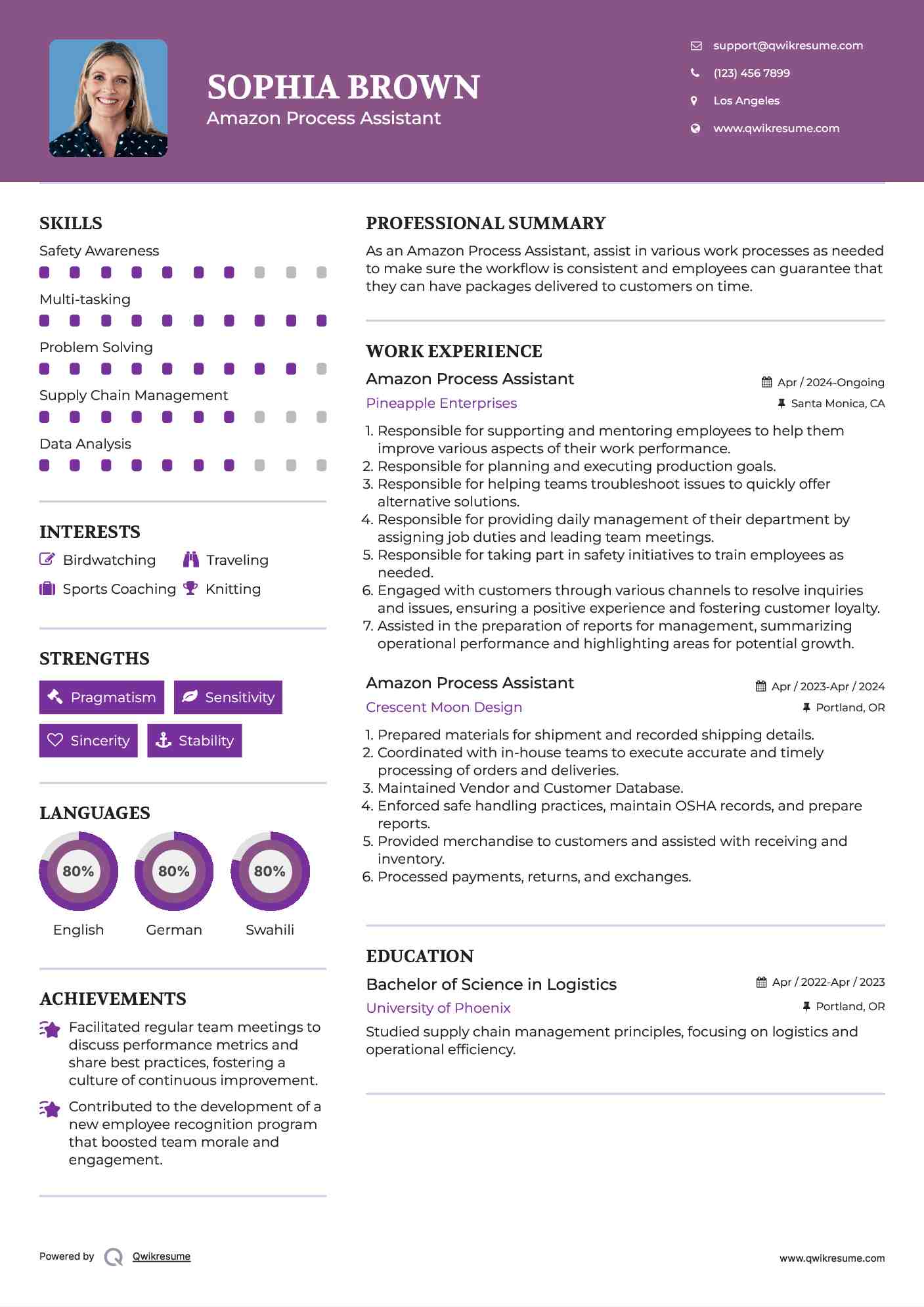 Amazon Process Assistant Resume Template
