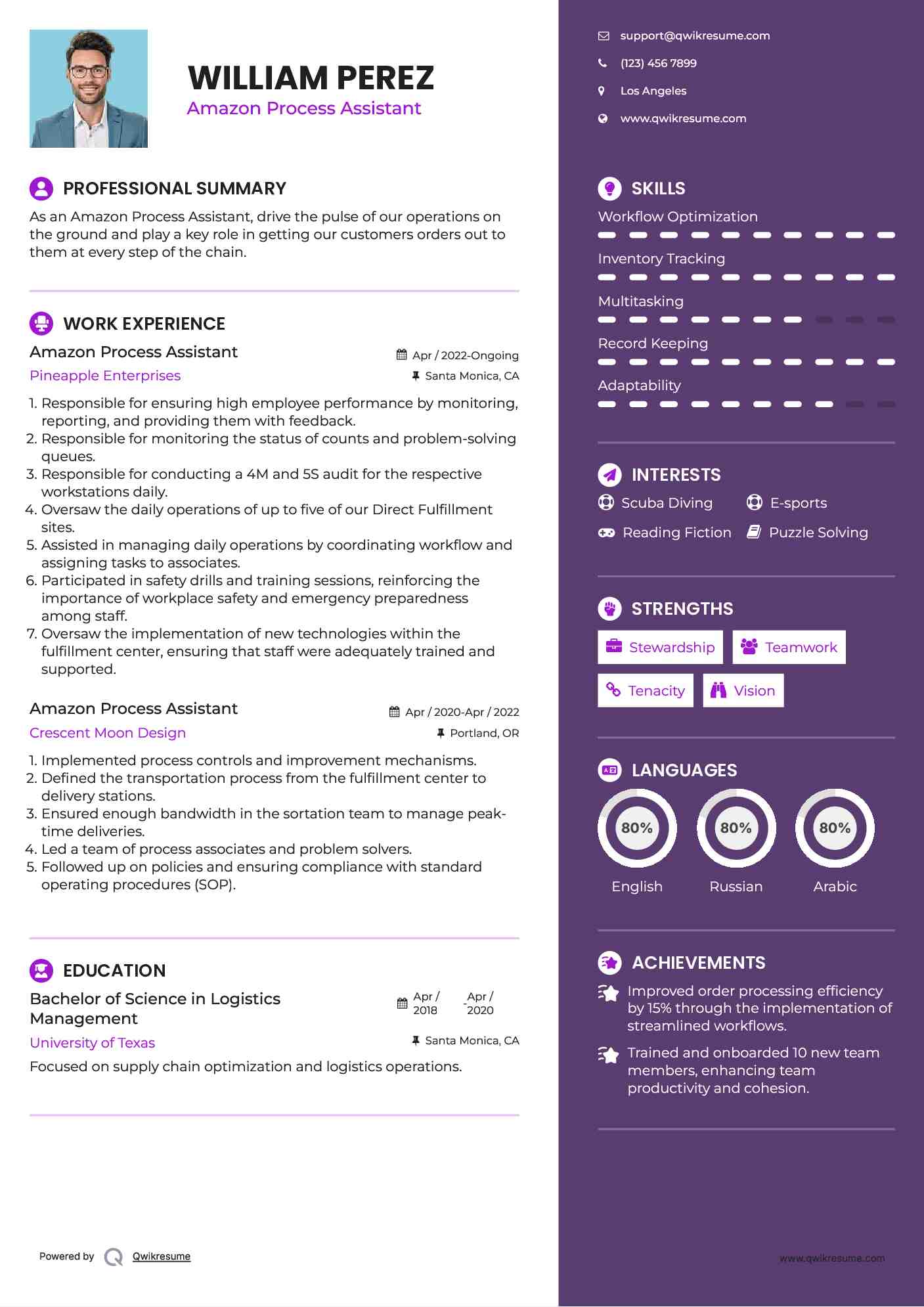 Amazon Process Assistant Resume Example