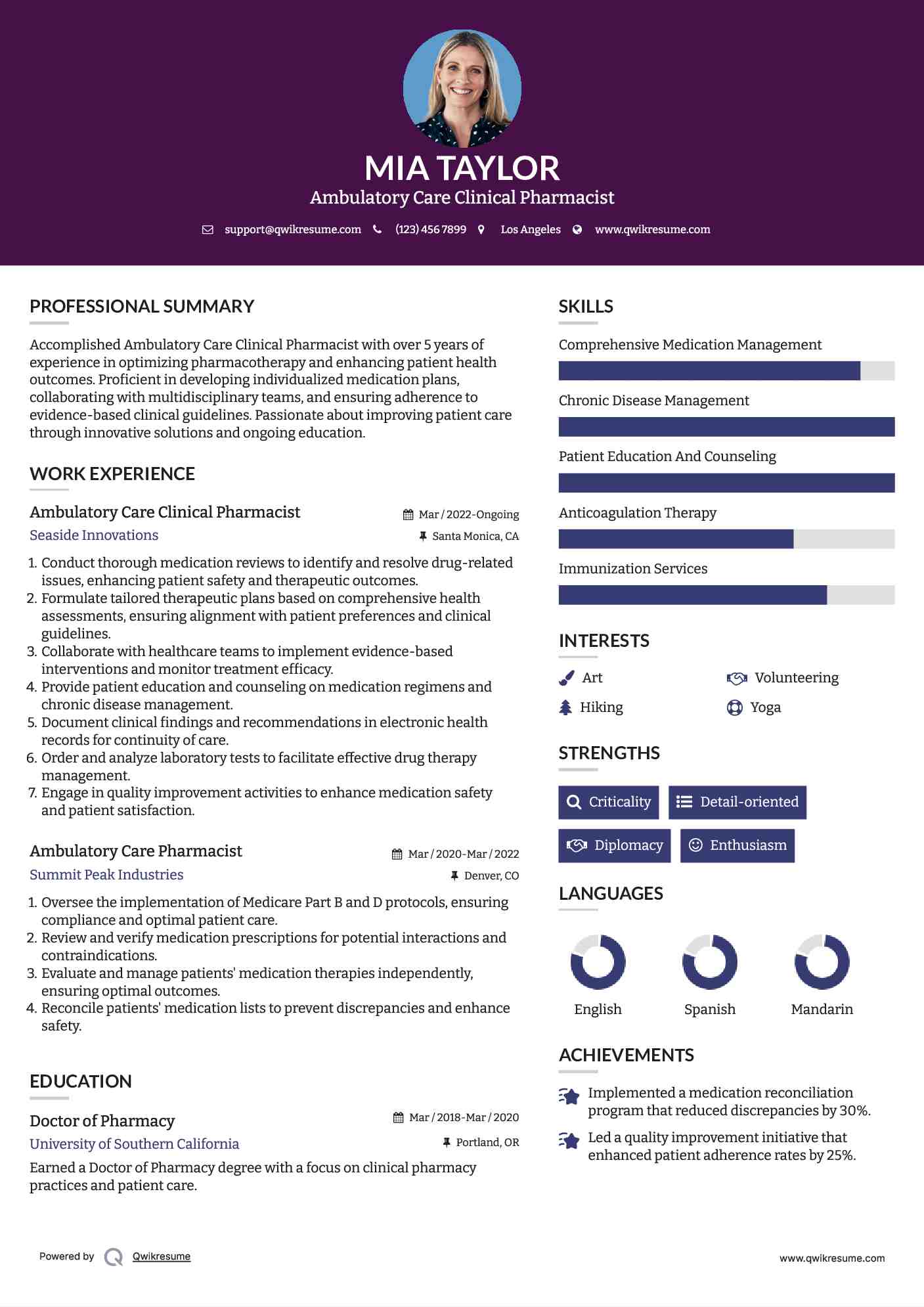 Ambulatory Care Clinical Pharmacist Resume Format